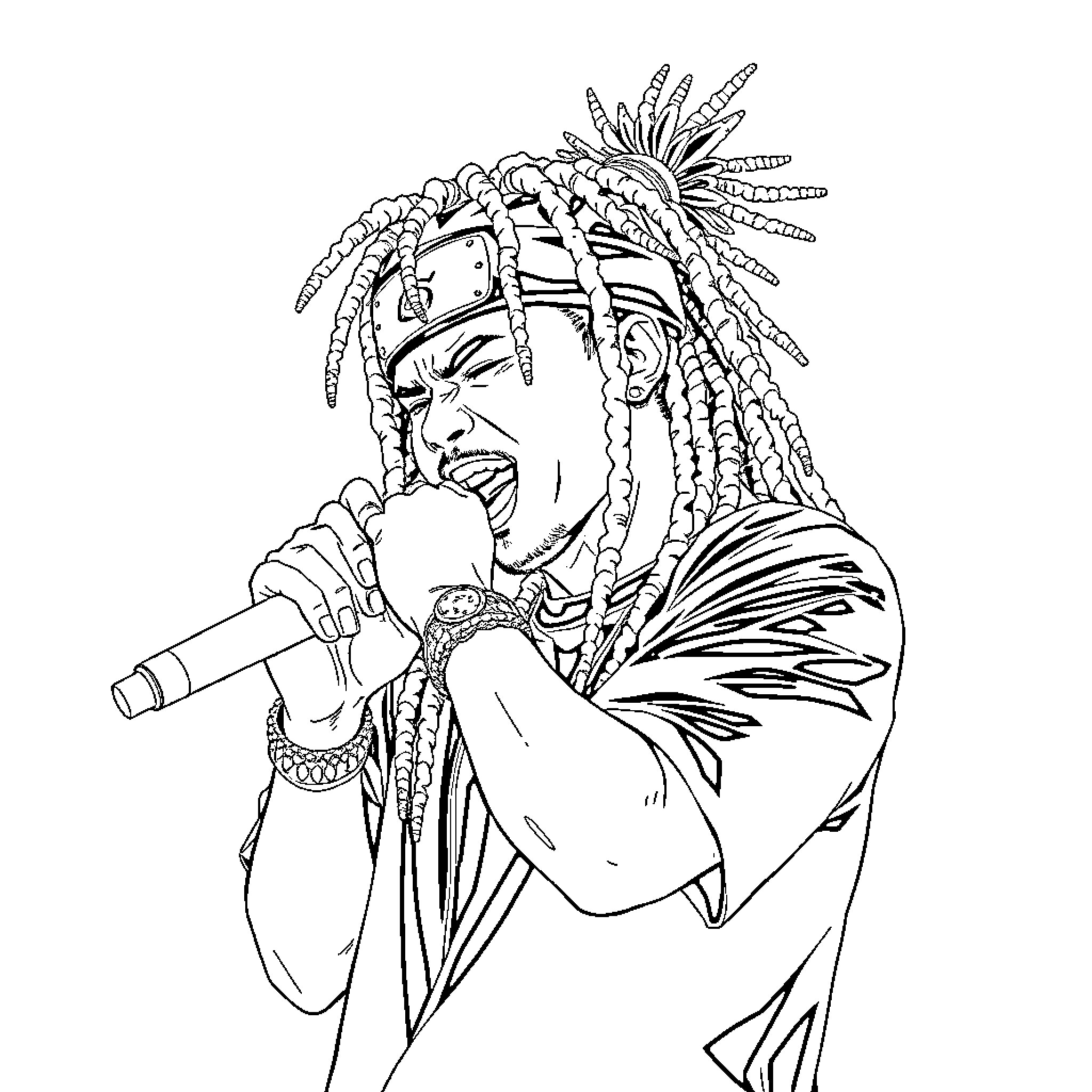 Xxxtentacion performing on stage with energetic expression Coloring Page (free black-and-white line drawing printable PDF for all, from beginners to advanced learners, including children, teens, adults, and seniors)