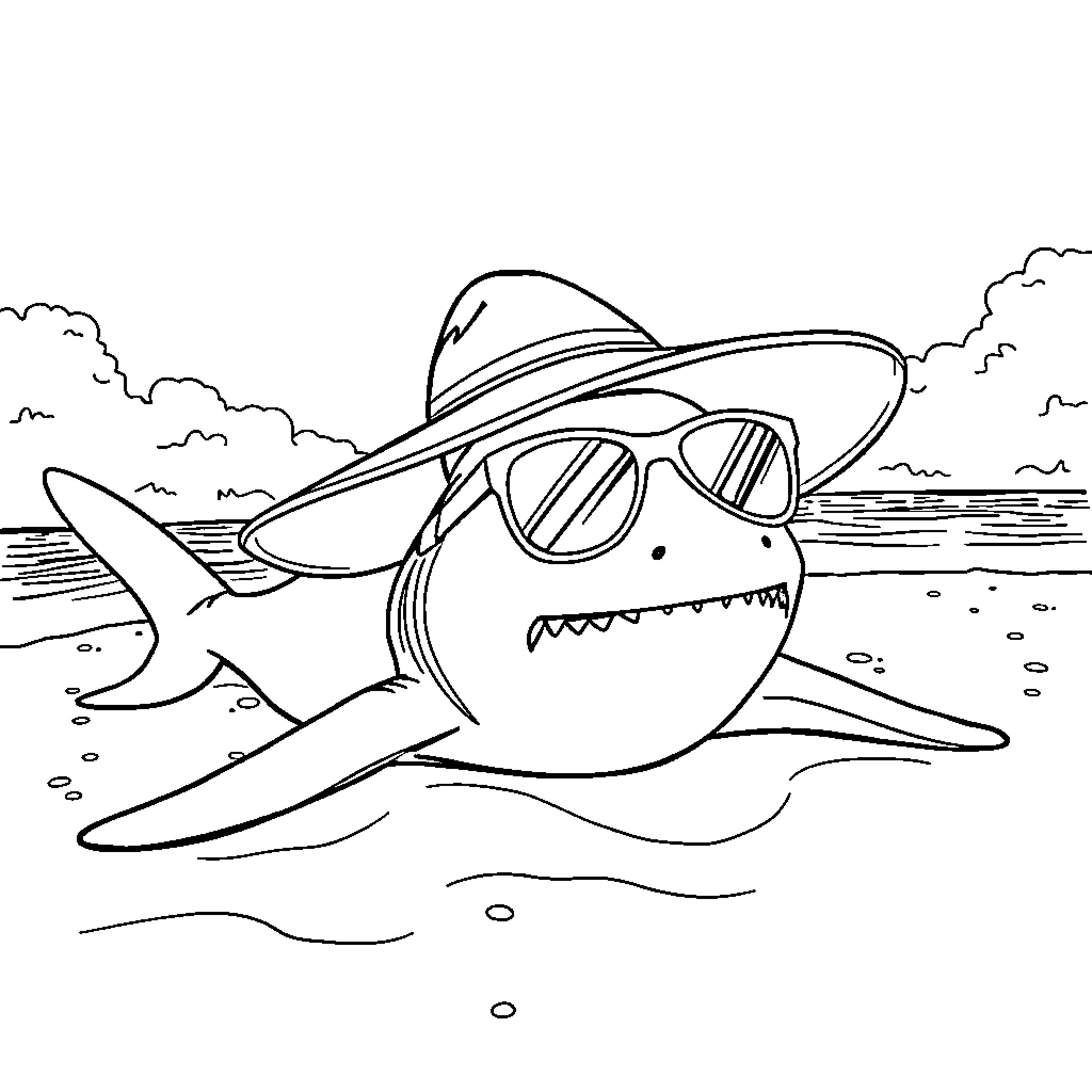 Whale Shark wearing sunglasses and a hat enjoying the beach Coloring Page (free black-and-white line drawing printable PDF for all, from beginners to advanced learners, including children, teens, adults, and seniors)