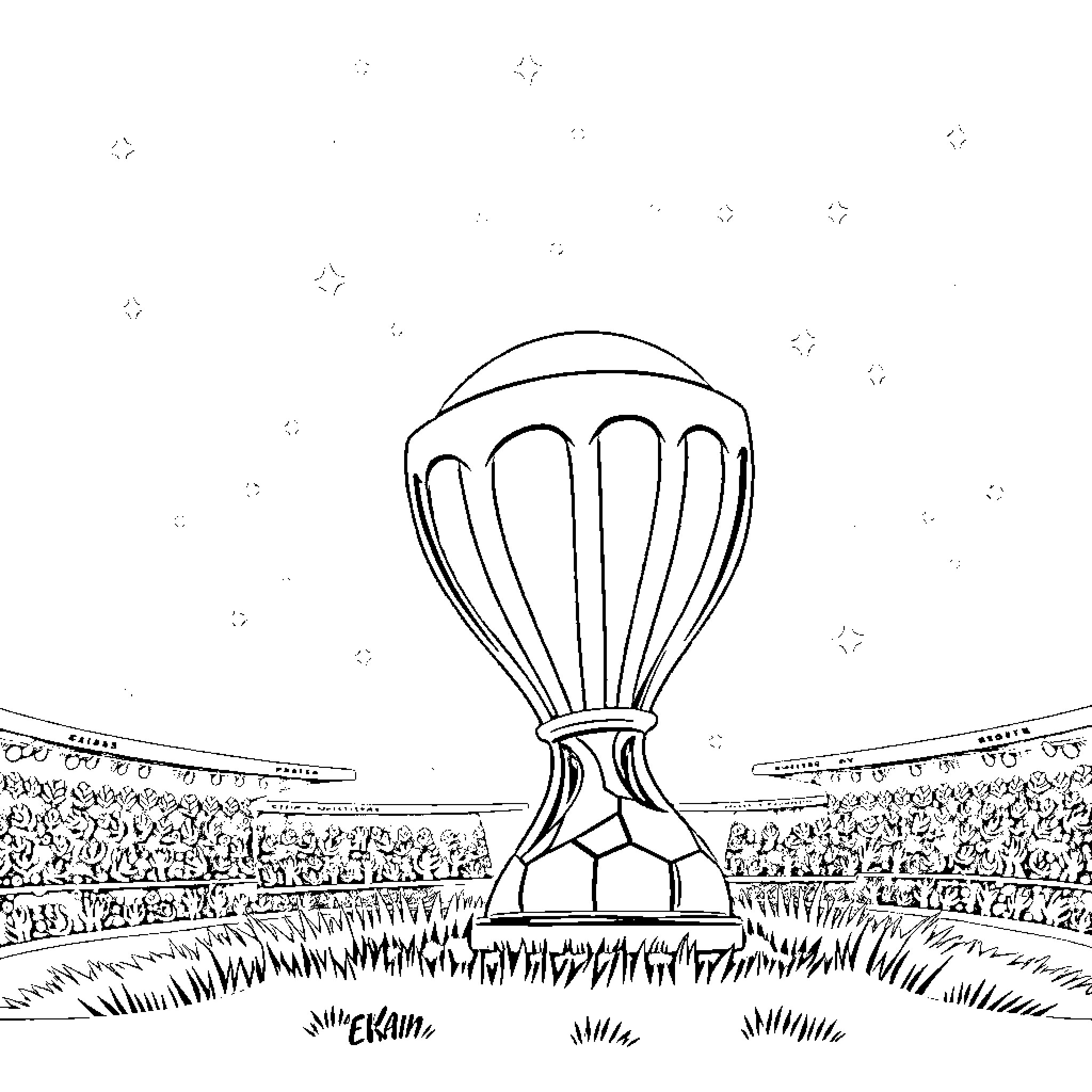 World Cup Trophy on the Stadium Field Coloring Page (free black-and-white line drawing printable PDF for all, from beginners to advanced learners, including children, teens, adults, and seniors)