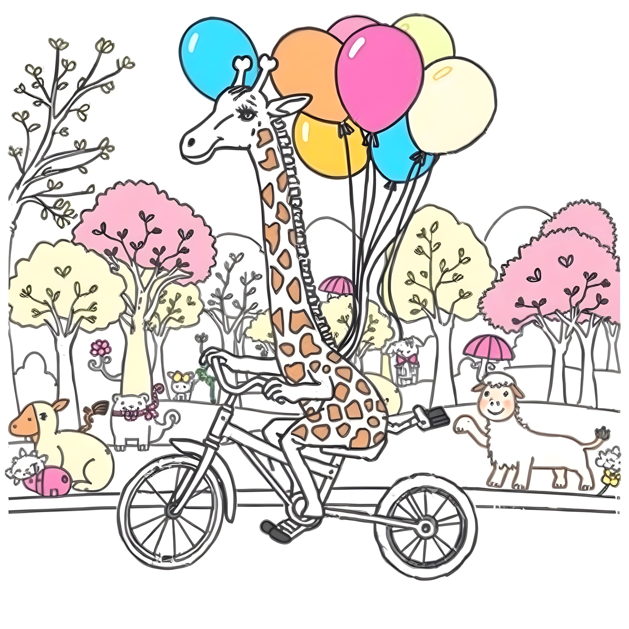Giraffe riding a bicycle with colorful balloons Coloring Page (free black-and-white line drawing printable PDF for all, from beginners to advanced learners, including children, teens, adults, and seniors)