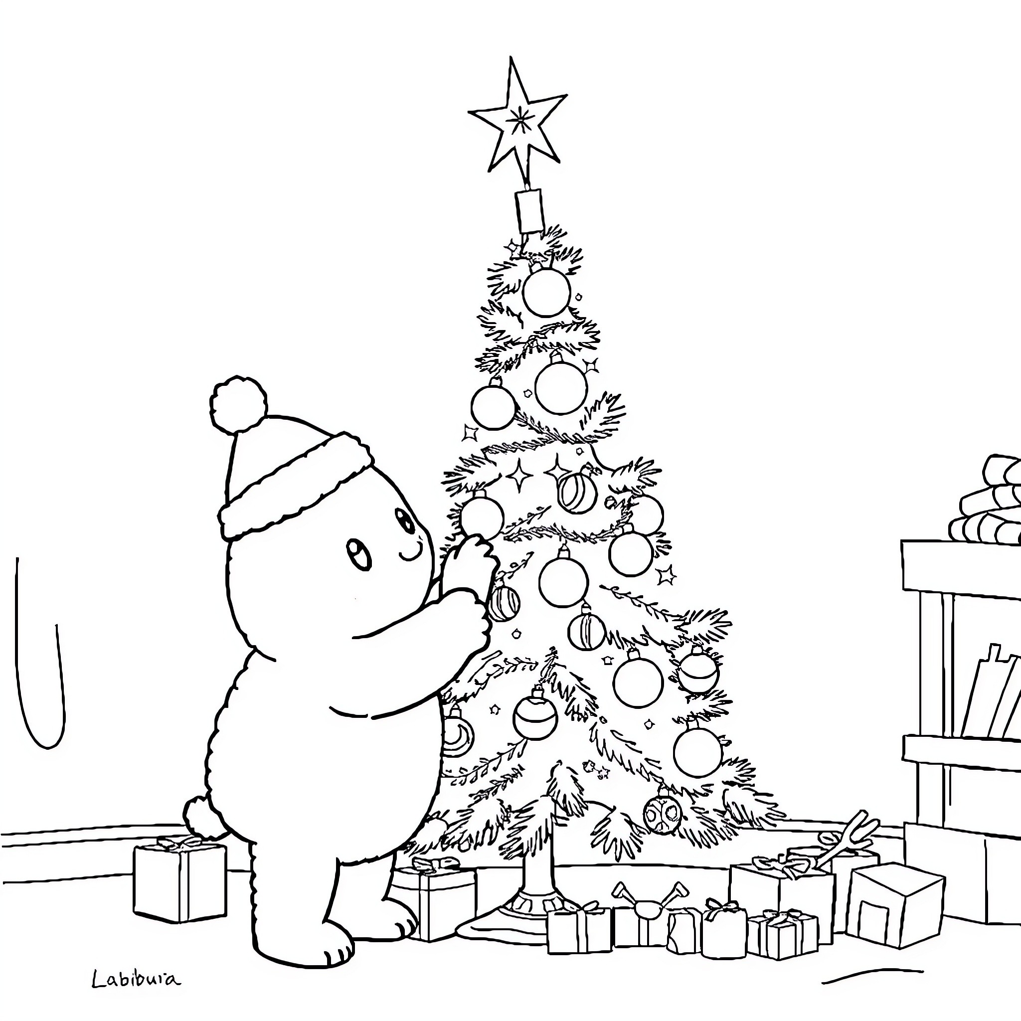 Labubu decorating Christmas tree with gifts Coloring Page (free black-and-white line drawing printable PDF for all, from beginners to advanced learners, including children, teens, adults, and seniors)