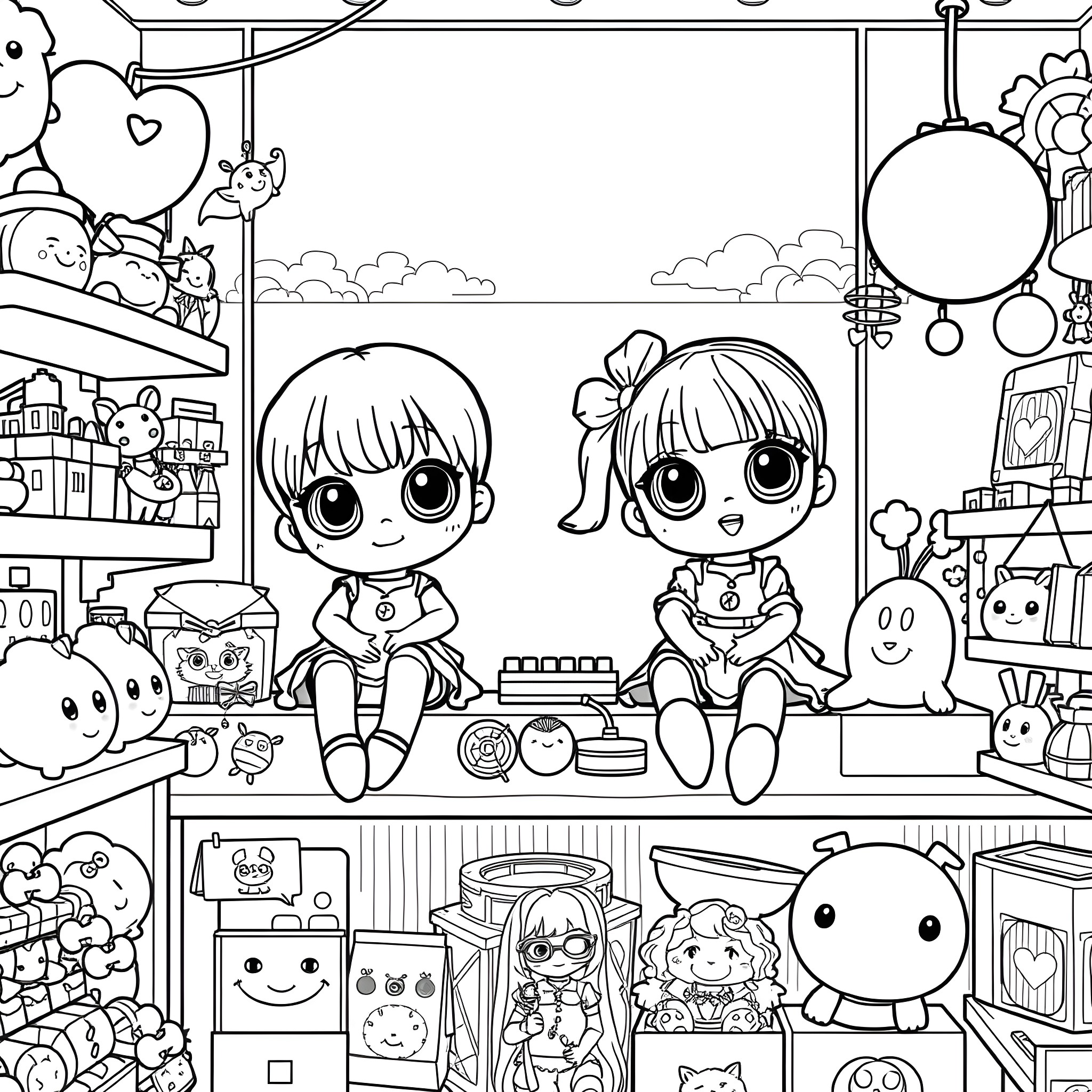 Doll characters in a cozy room with toys Coloring Page (free black-and-white line drawing printable PDF for all, from beginners to advanced learners, including children, teens, adults, and seniors)