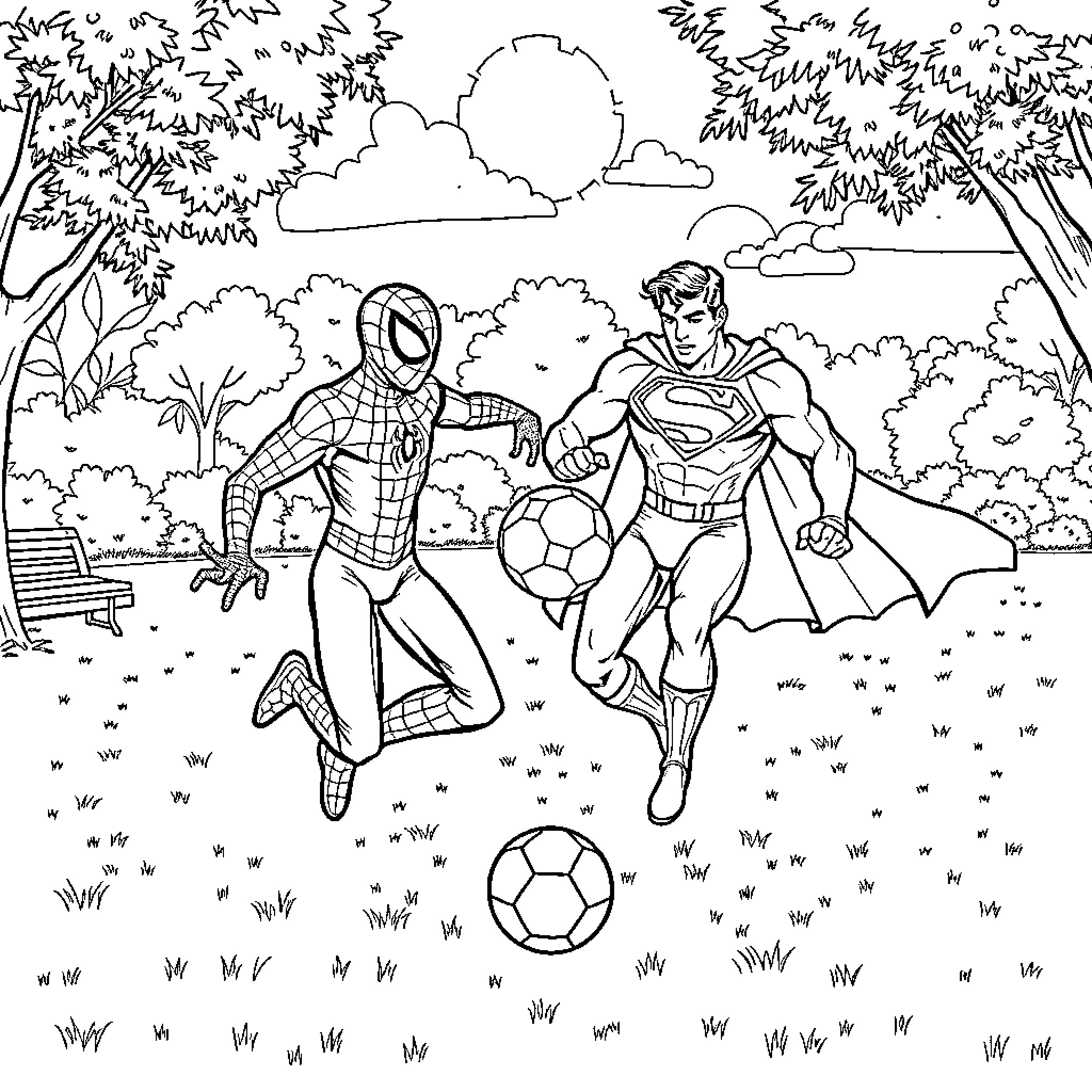 Spidy and Super Hero Teammates Playing Soccer in the Park Coloring Page (free black-and-white line drawing printable PDF for all, from beginners to advanced learners, including children, teens, adults, and seniors)