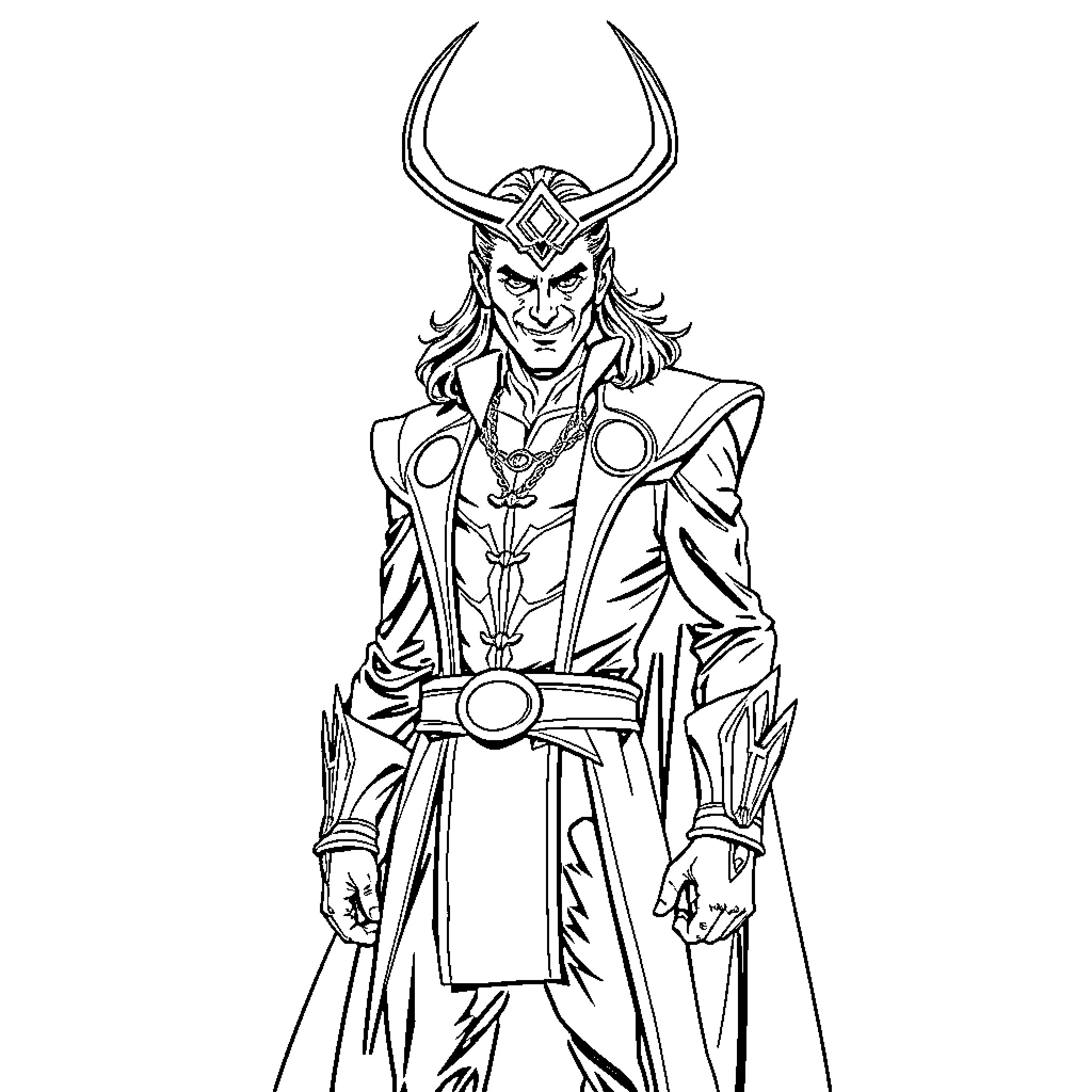 Loki in Regal Attire with Horned Helmet Coloring Page (free black-and-white line drawing printable PDF for all, from beginners to advanced learners, including children, teens, adults, and seniors)