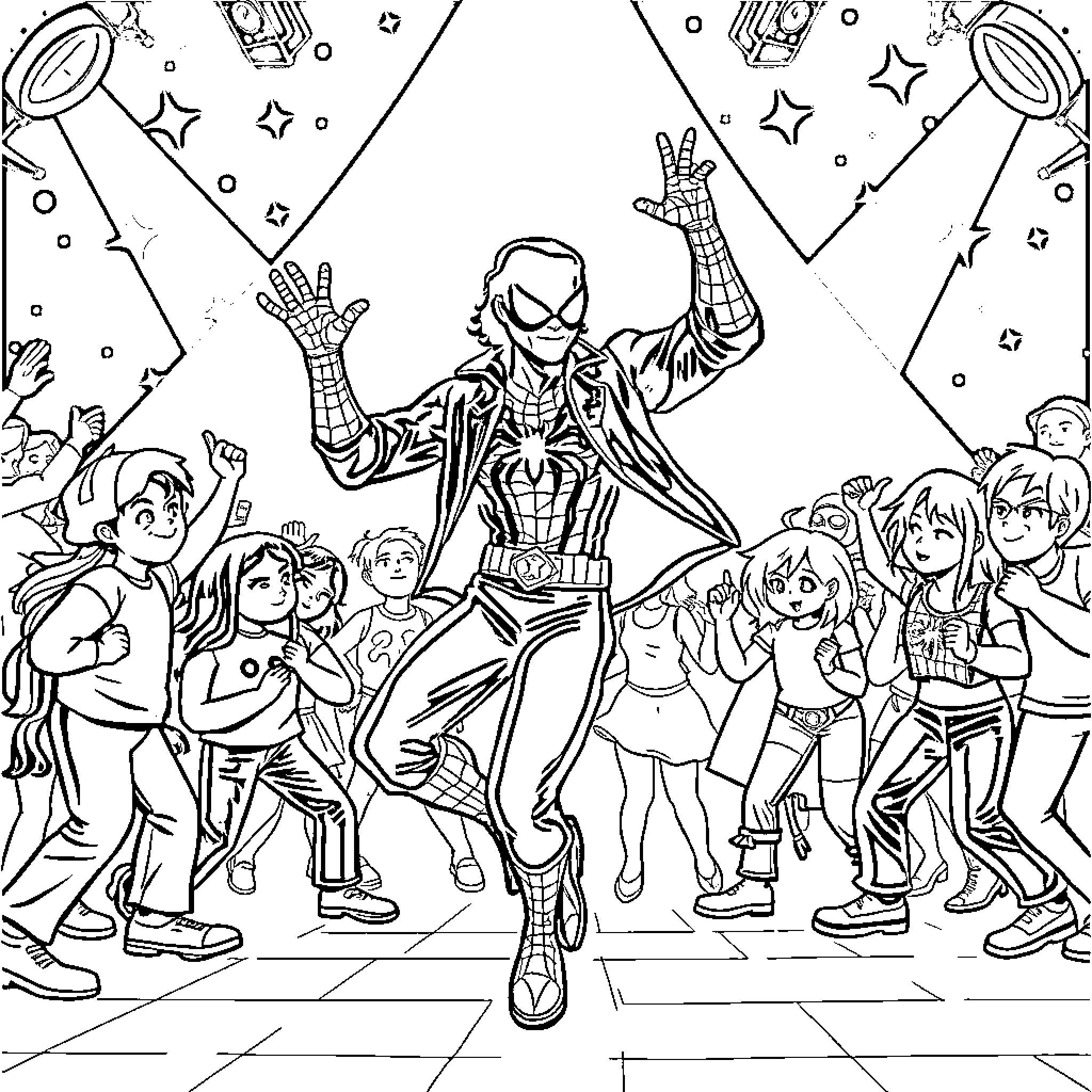 Spiderman surrounded by a group of celebrating people Coloring Page (free black-and-white line drawing printable PDF for all, from beginners to advanced learners, including children, teens, adults, and seniors)