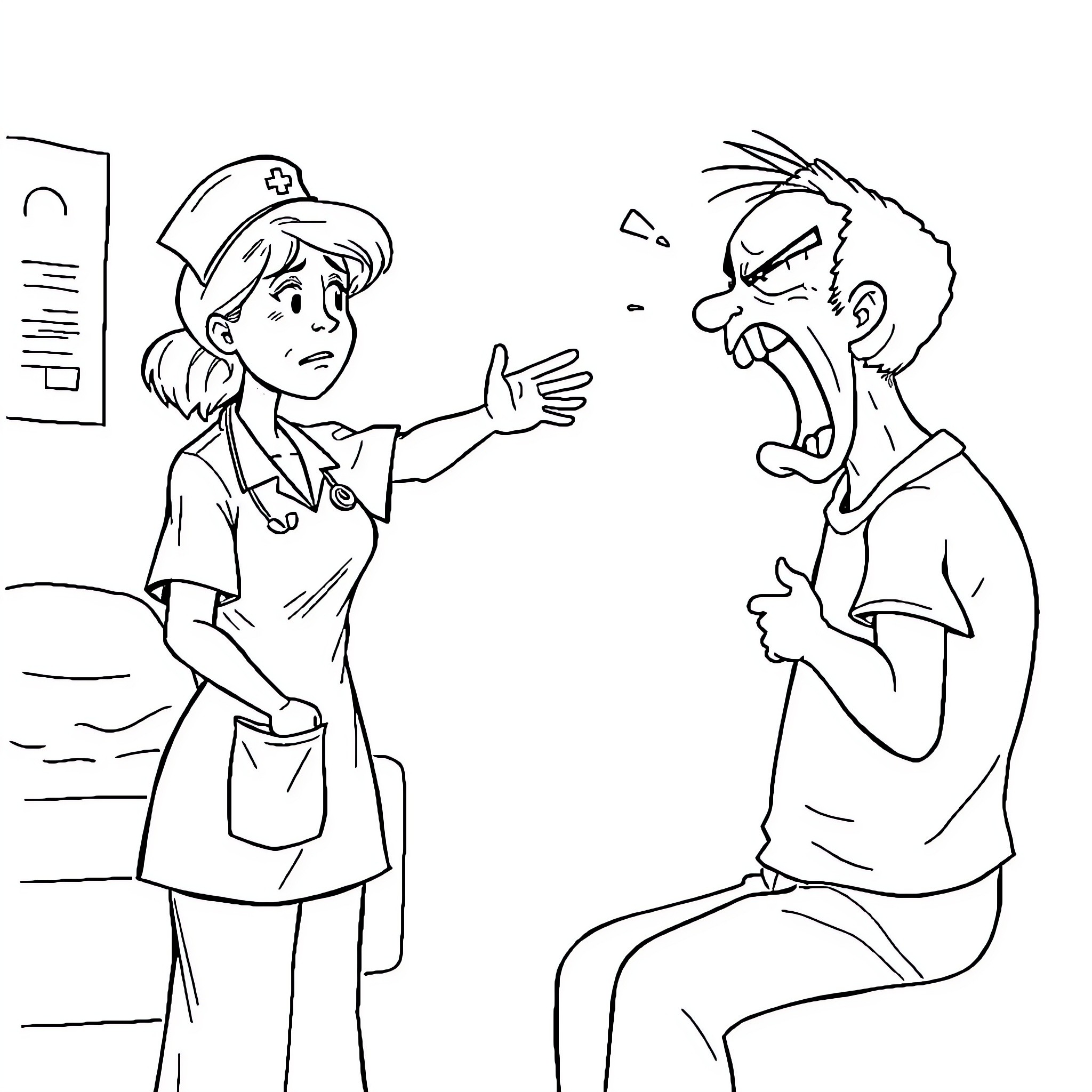 Nurse Calmly Attends to Distressed Patient Coloring Page (free black-and-white line drawing printable PDF for all, from beginners to advanced learners, including children, teens, adults, and seniors)