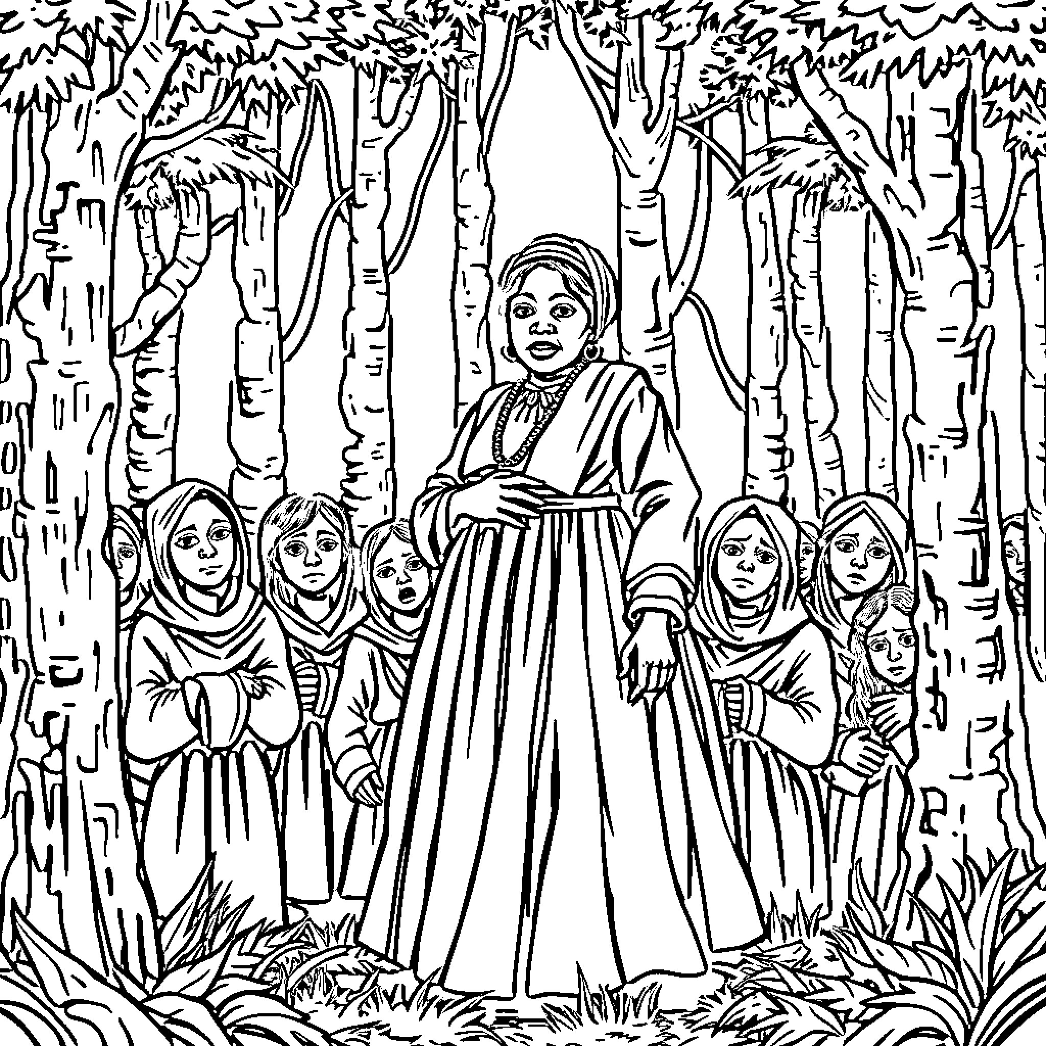 Harriet Tubman leading a group through the woods Coloring Page (free black-and-white line drawing printable PDF for all, from beginners to advanced learners, including children, teens, adults, and seniors)