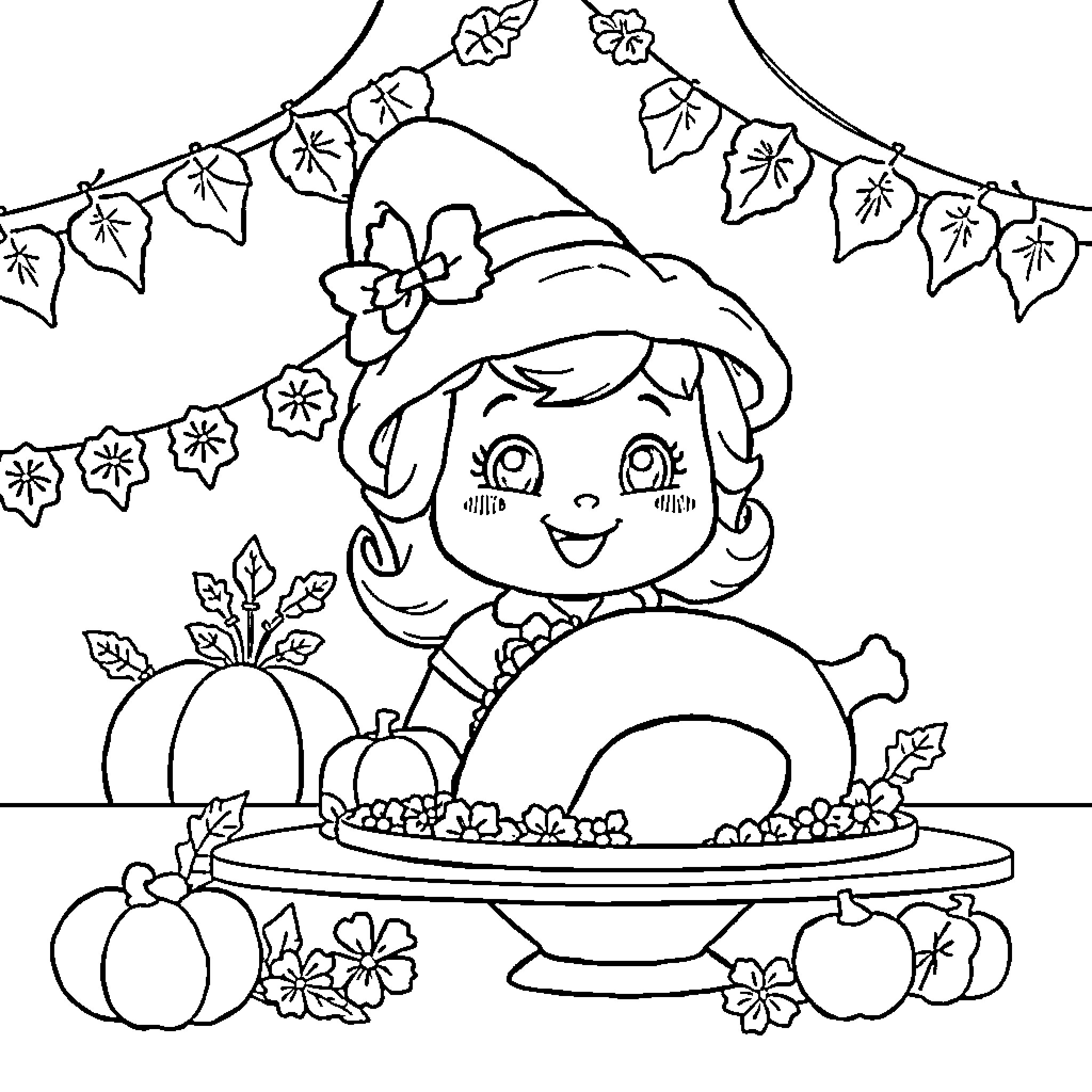 Strawberry Shortcake enjoying a festive autumn scene Coloring Page (free black-and-white line drawing printable PDF for all, from beginners to advanced learners, including children, teens, adults, and seniors)