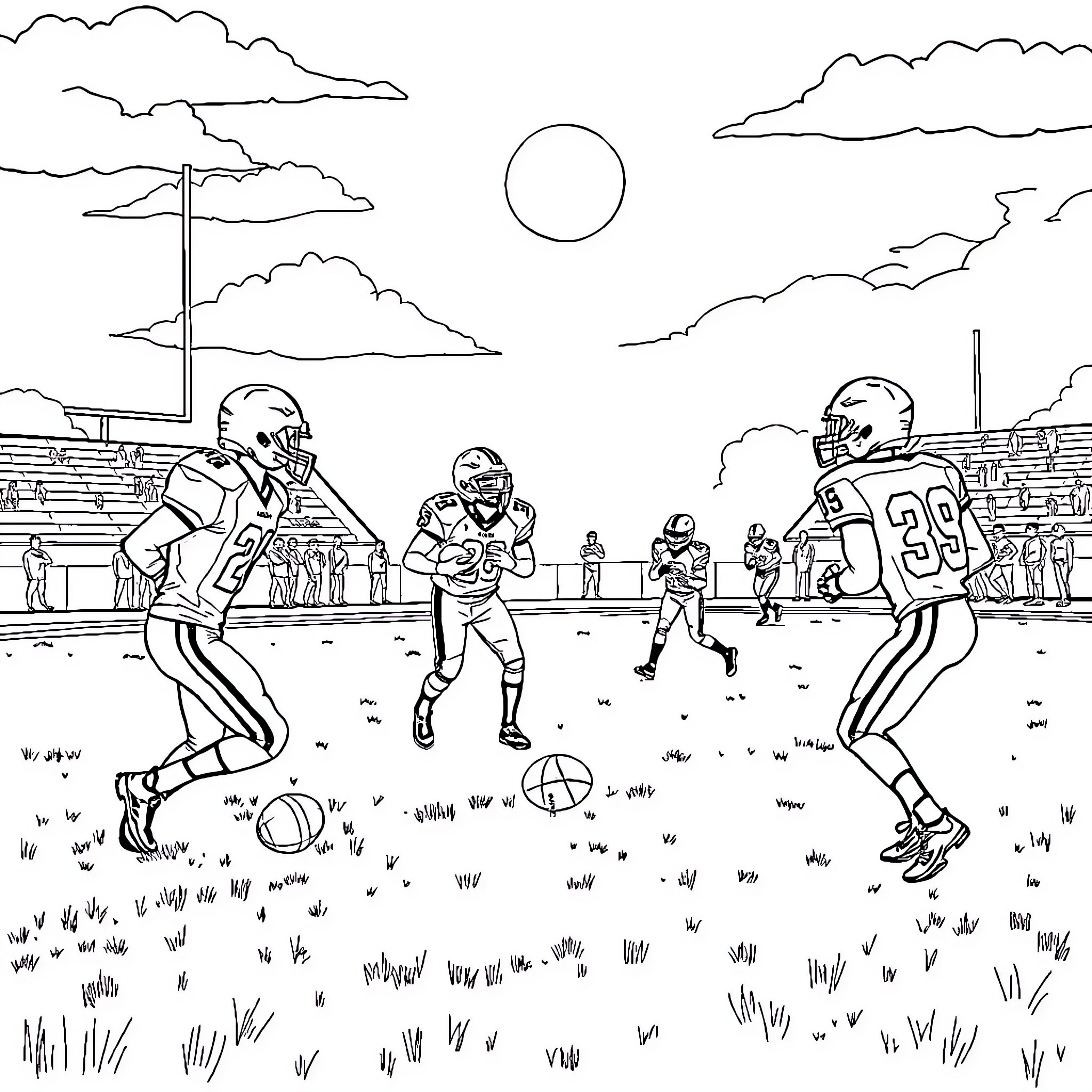 Football players in action on the field Coloring Page (free black-and-white line drawing printable PDF for all, from beginners to advanced learners, including children, teens, adults, and seniors)