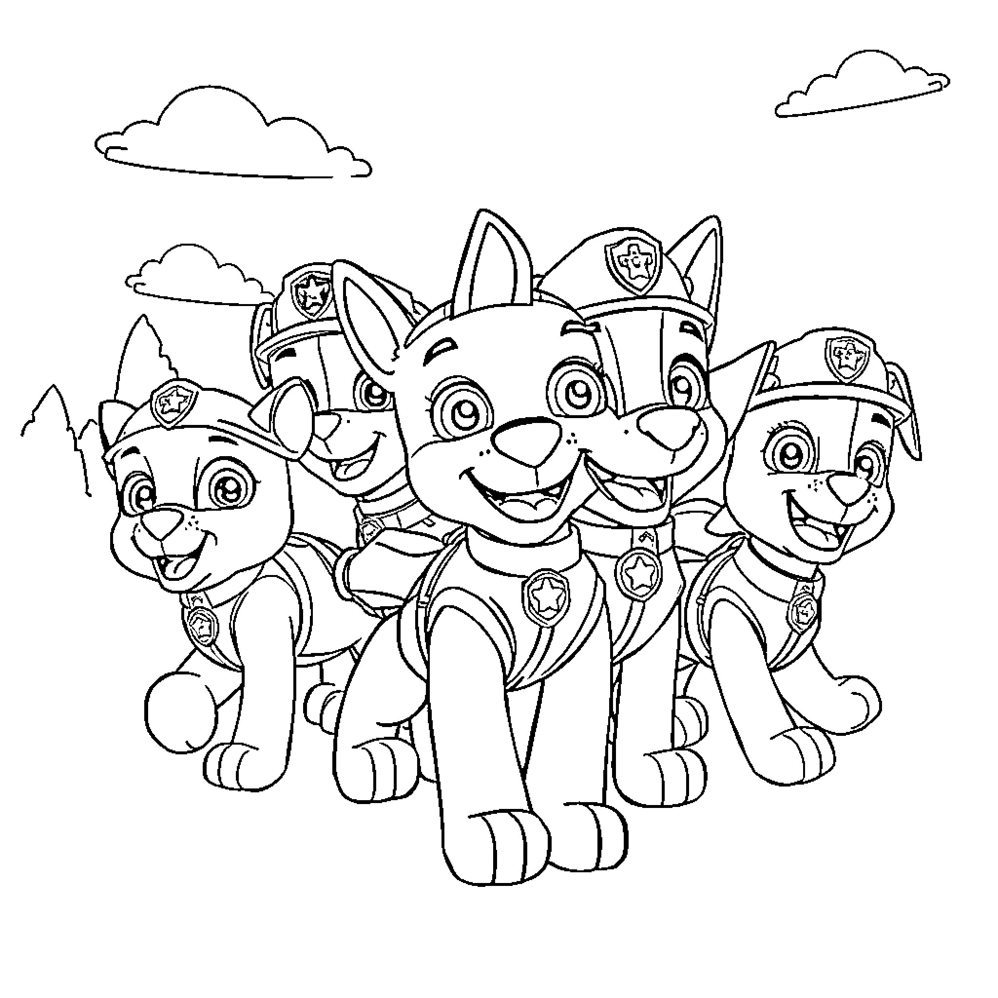 Paw Patrol Pups on an Adventure Coloring Page (free black-and-white line drawing printable PDF for all, from beginners to advanced learners, including children, teens, adults, and seniors)