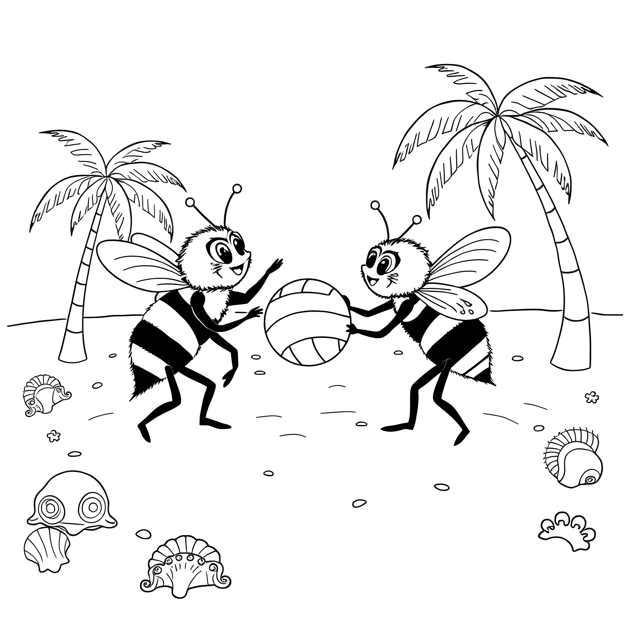 Bumble Nums playing volleyball on the beach Coloring Page (free black-and-white line drawing printable PDF for all, from beginners to advanced learners, including children, teens, adults, and seniors)
