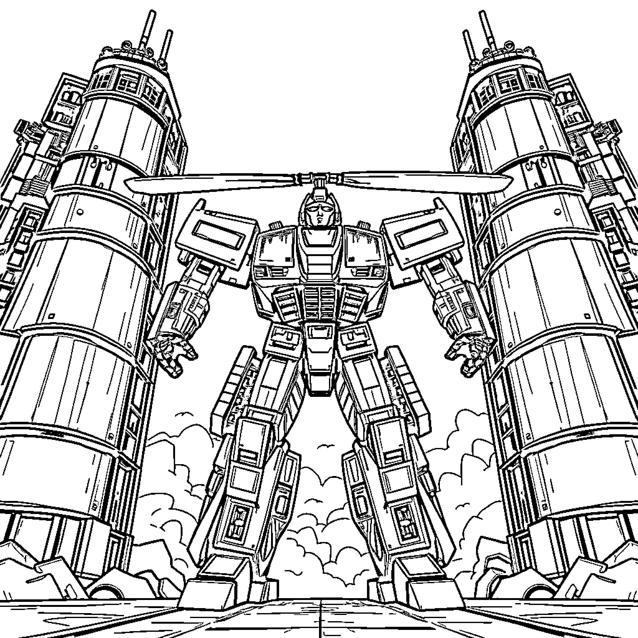 Helicopter-like mecha robot unleashing power Coloring Page (free black-and-white line drawing printable PDF for all, from beginners to advanced learners, including children, teens, adults, and seniors)