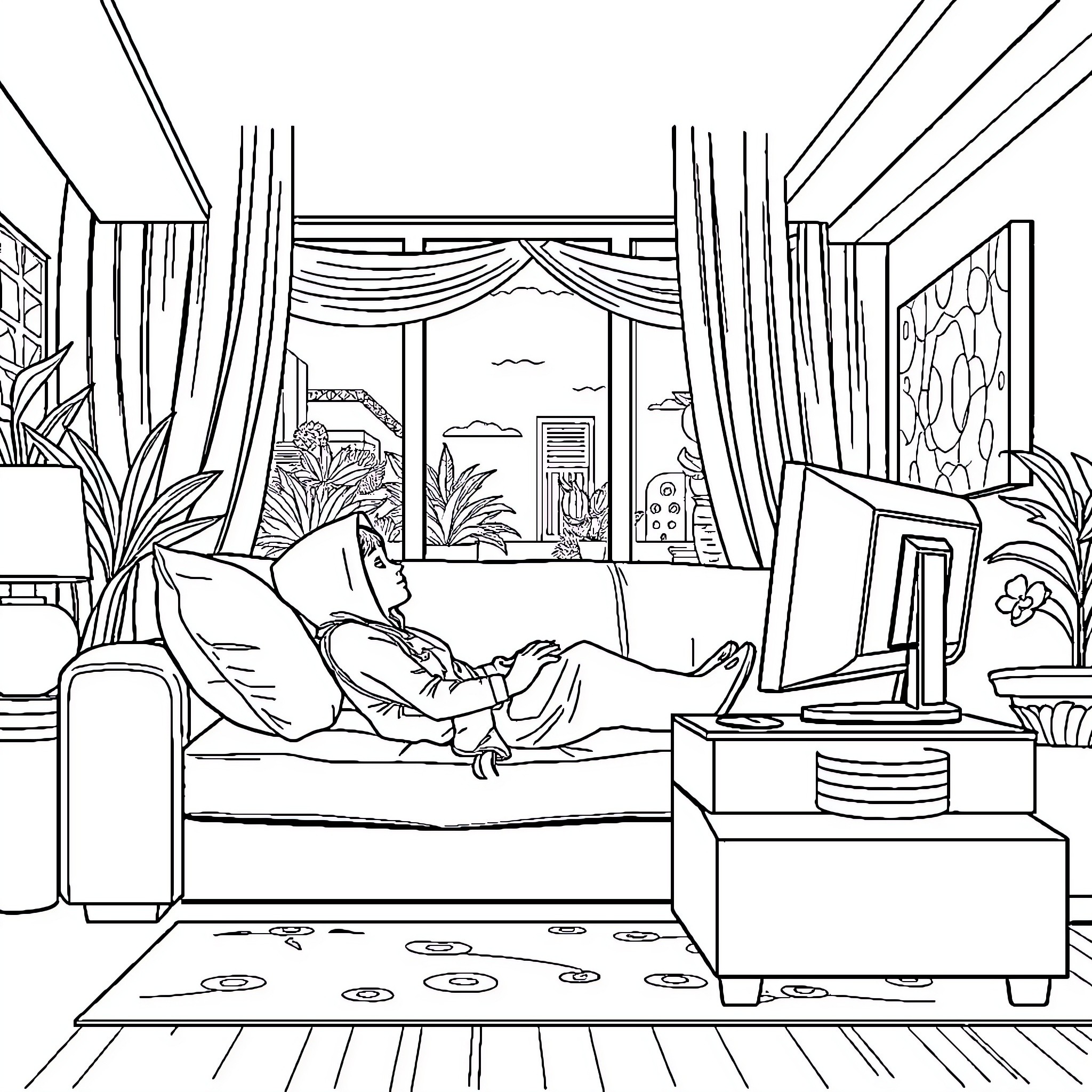 Pemuda relaxing in cozy living room Coloring Page (free black-and-white line drawing printable PDF for all, from beginners to advanced learners, including children, teens, adults, and seniors)