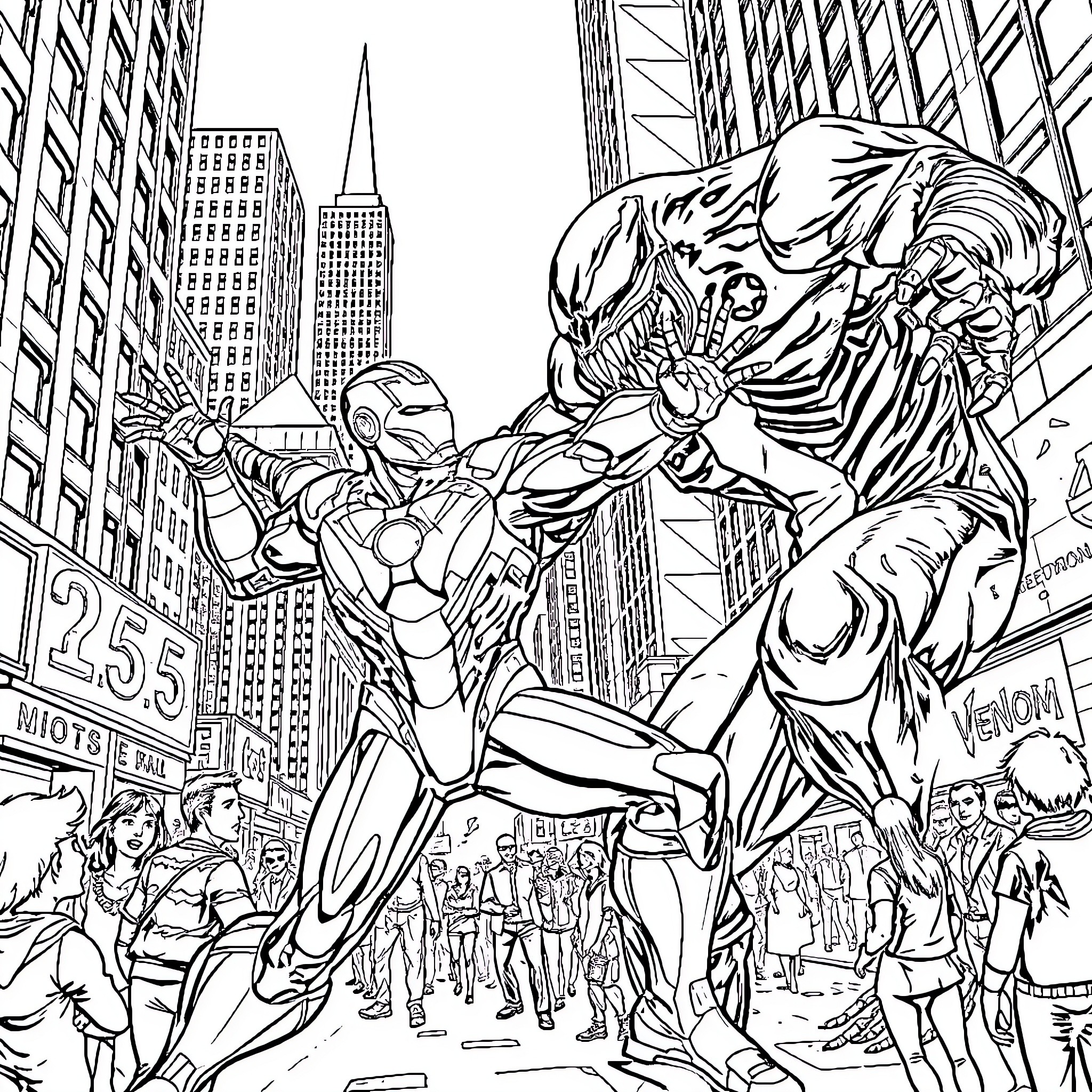 Ironman confronting a fearsome villain in the bustling city Coloring Page (free black-and-white line drawing printable PDF for all, from beginners to advanced learners, including children, teens, adults, and seniors)