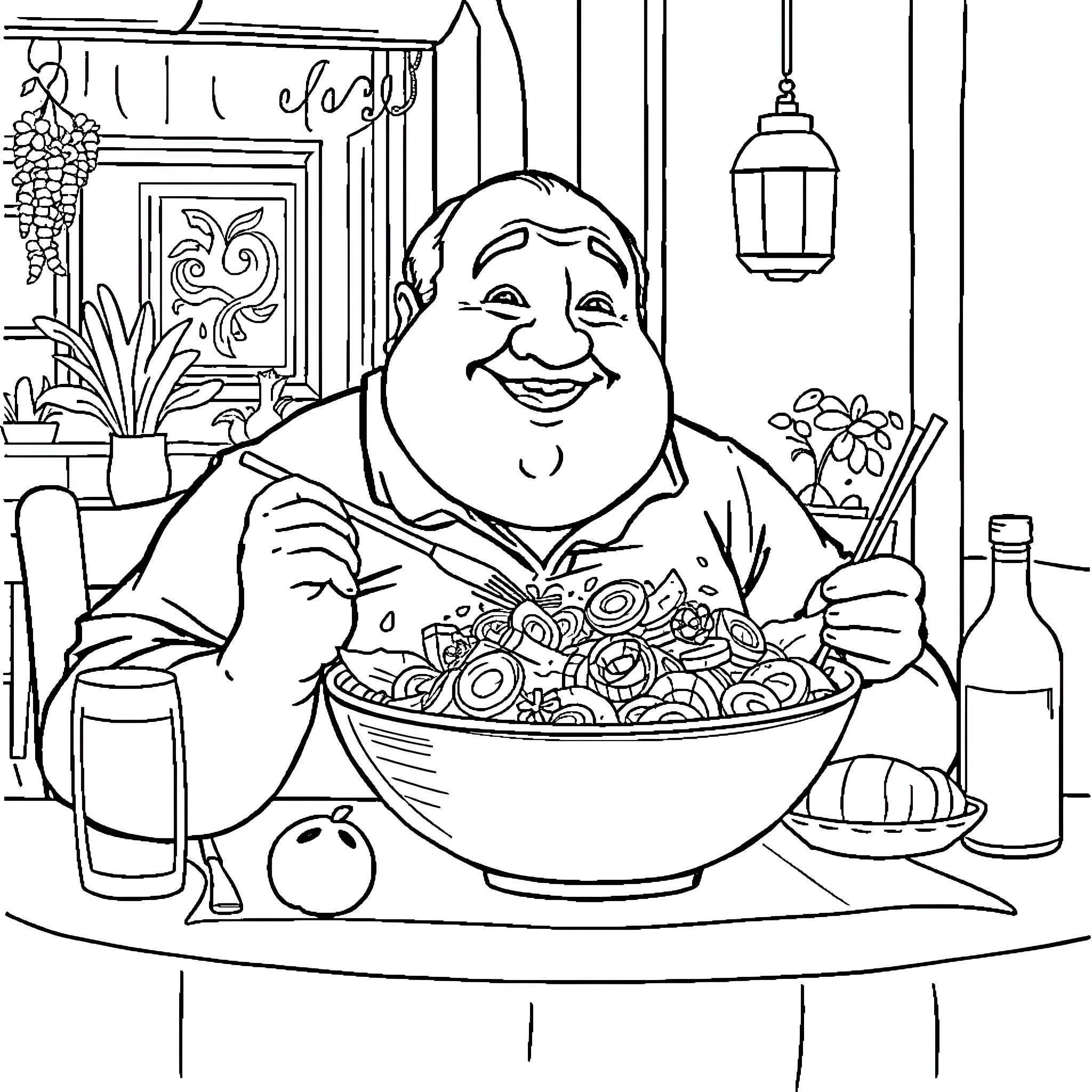 Man enjoying a hearty meal in a cozy setting Coloring Page (free black-and-white line drawing printable PDF for all, from beginners to advanced learners, including children, teens, adults, and seniors)