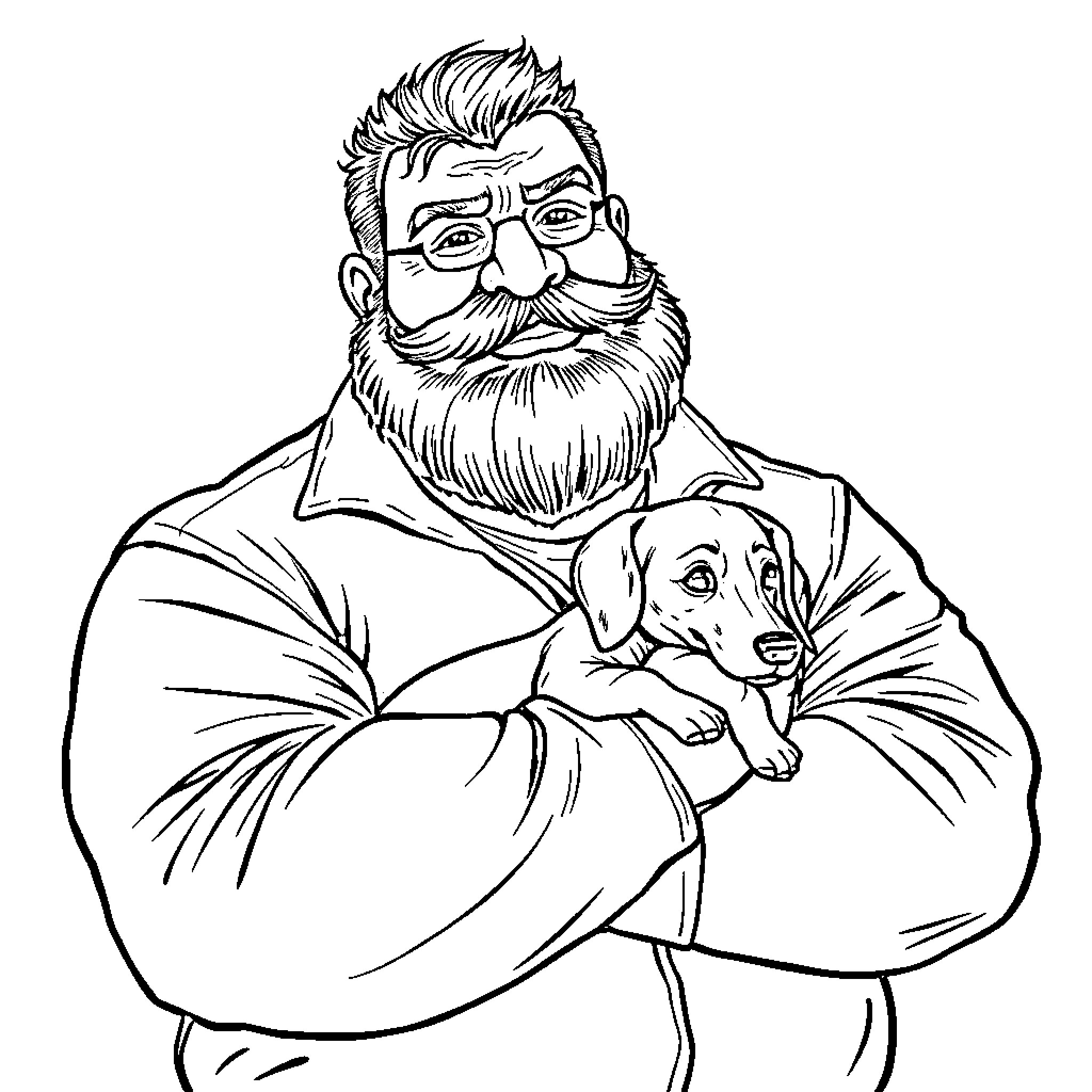 Man with Beard Holding a Puppy Affectionately Coloring Page (free black-and-white line drawing printable PDF for all, from beginners to advanced learners, including children, teens, adults, and seniors)
