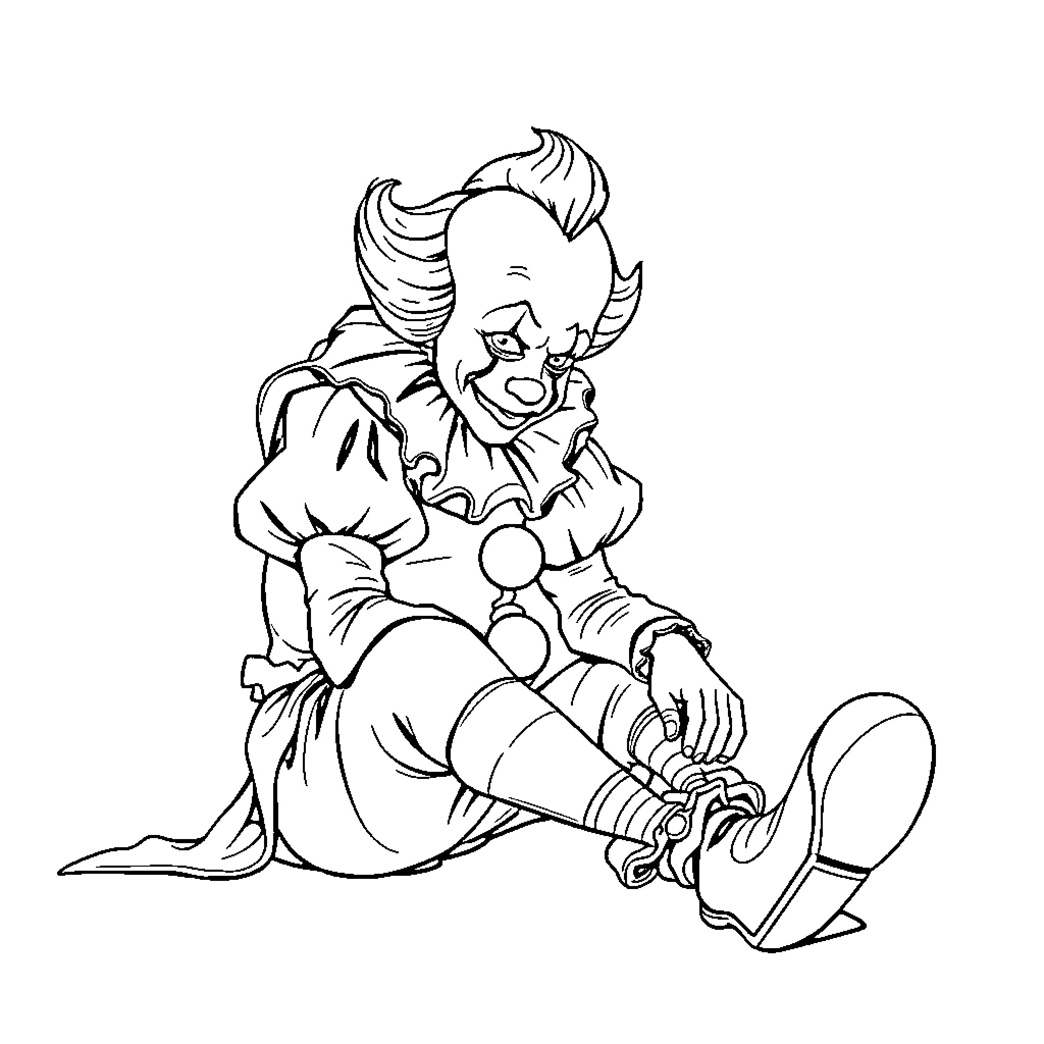 Pennywise the Clown sitting on the ground with an eerie grin Coloring Page (free black-and-white line drawing printable PDF for all, from beginners to advanced learners, including children, teens, adults, and seniors)