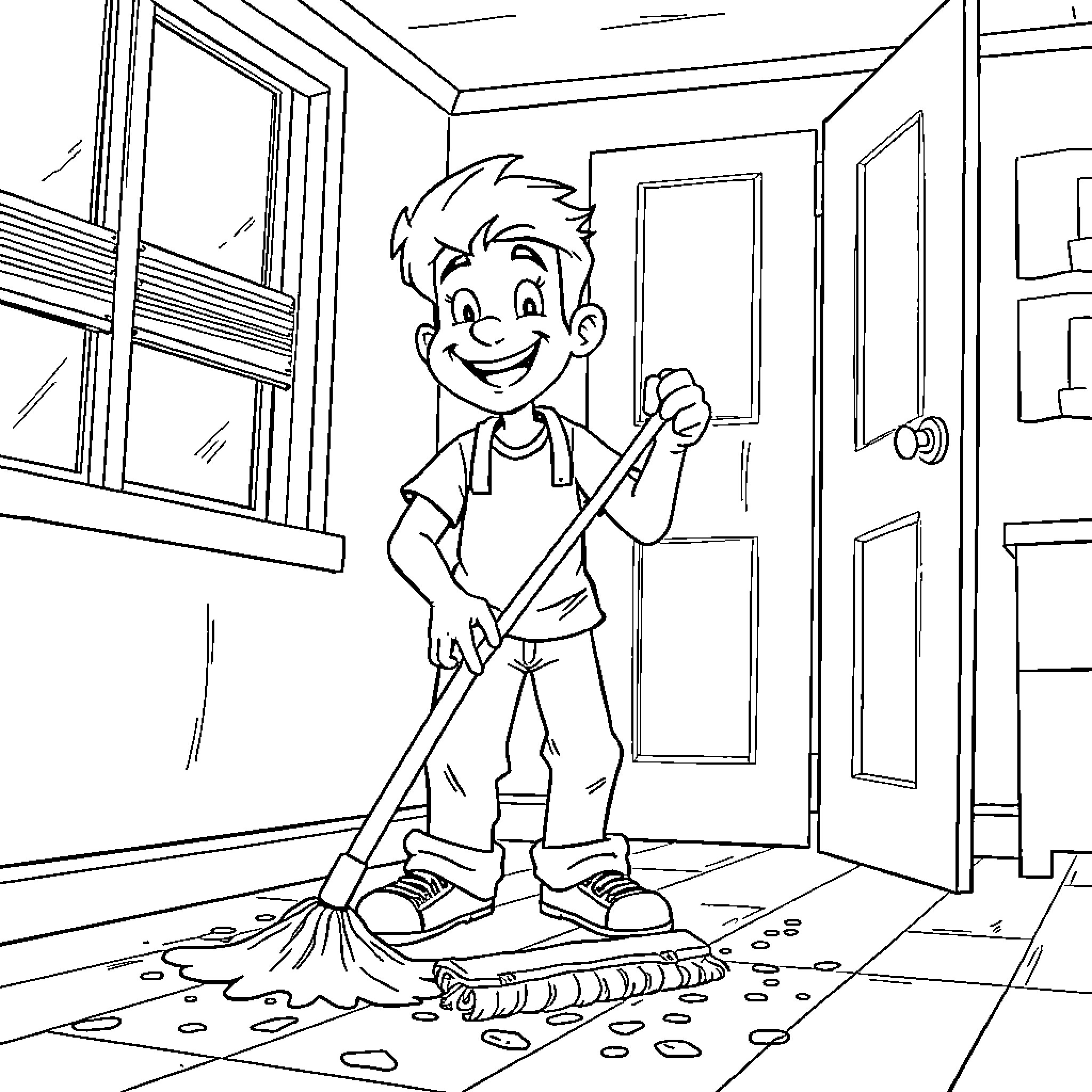 Rocky cleaning the room with a mop and a smile Coloring Page (free black-and-white line drawing printable PDF for all, from beginners to advanced learners, including children, teens, adults, and seniors)