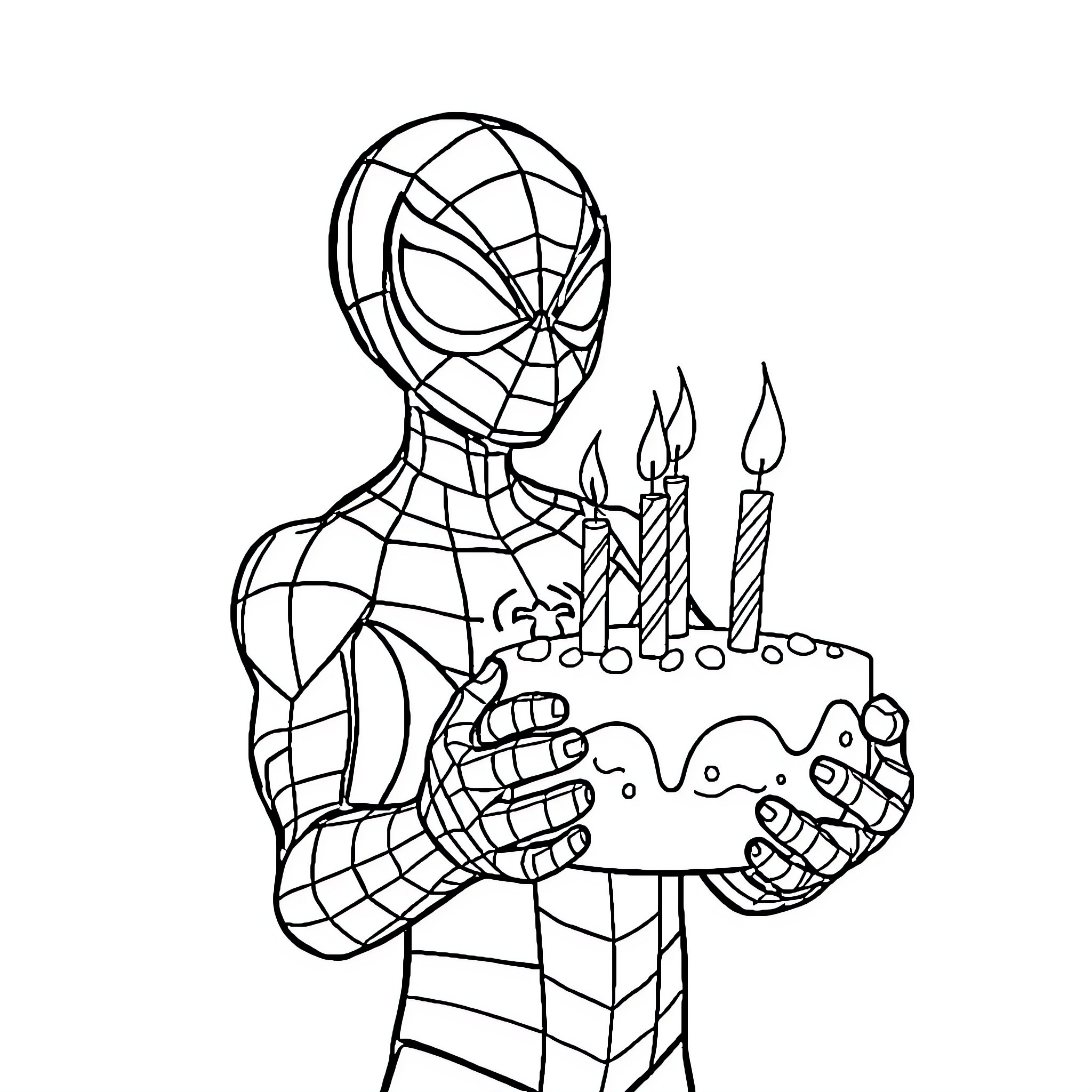 Spidey celebrates with birthday cake and candles Coloring Page (free black-and-white line drawing printable PDF for all, from beginners to advanced learners, including children, teens, adults, and seniors)
