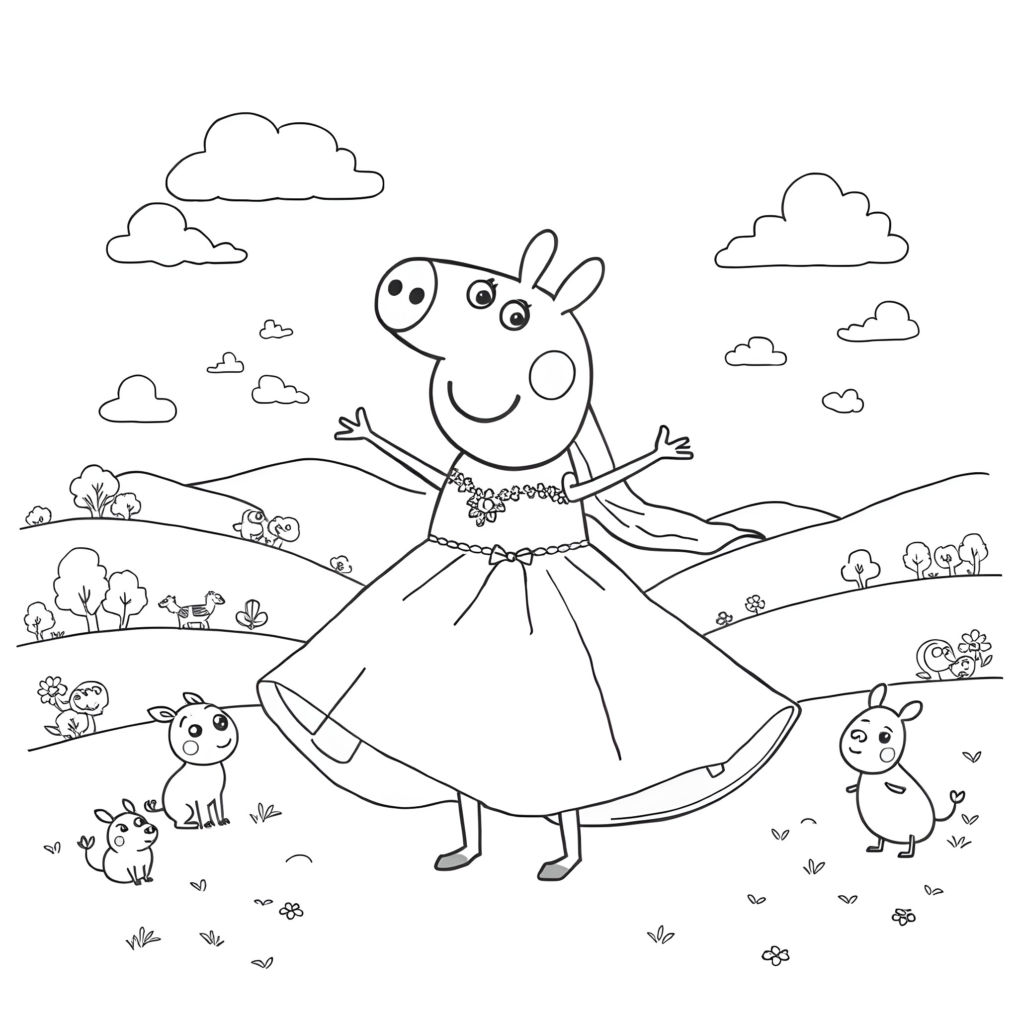 Peppa Pig enjoying a day outdoors in the countryside Coloring Page (free black-and-white line drawing printable PDF for all, from beginners to advanced learners, including children, teens, adults, and seniors)
