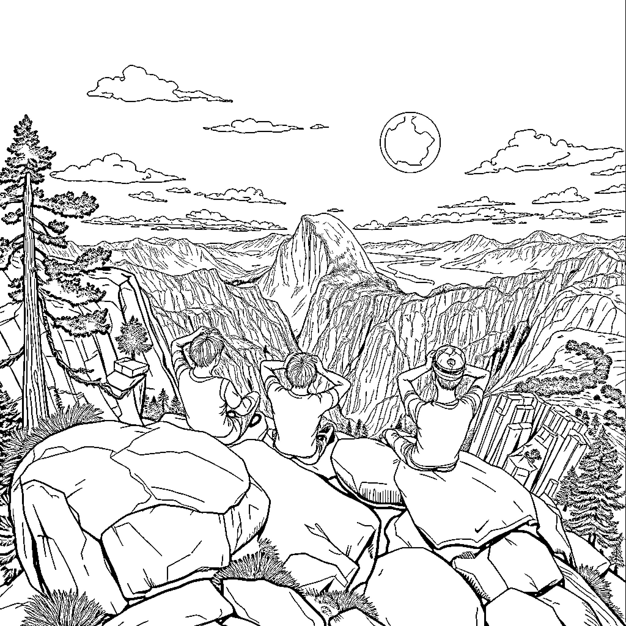 Man admiring scenic mountain landscape in the wilderness Coloring Page (free black-and-white line drawing printable PDF for all, from beginners to advanced learners, including children, teens, adults, and seniors)
