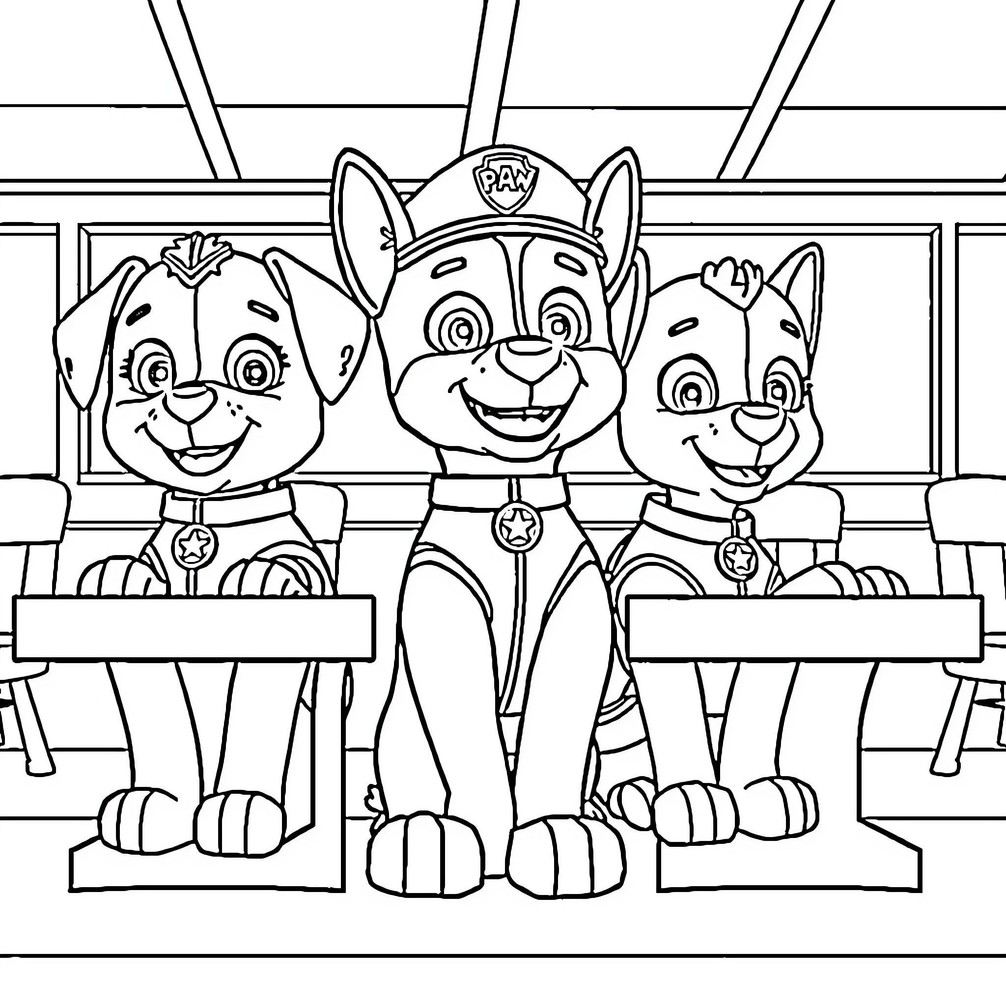 Paw Patrol characters on display Coloring Page (free black-and-white line drawing printable PDF for all, from beginners to advanced learners, including children, teens, adults, and seniors)
