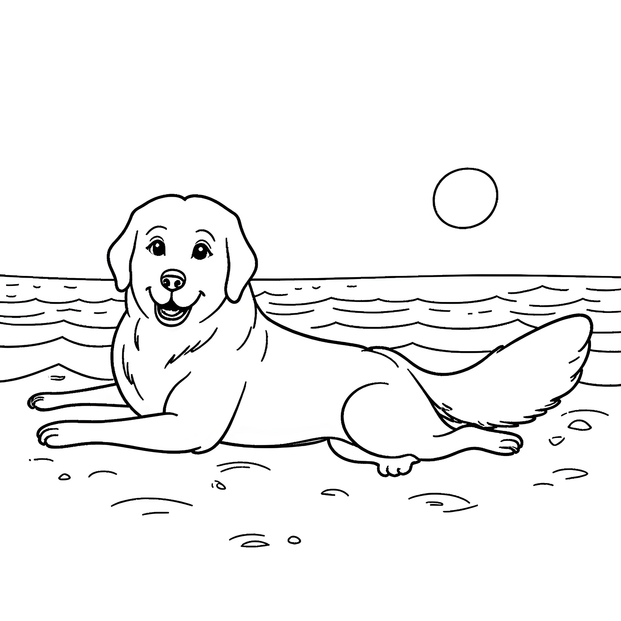 Labrador playing happily on the beach Coloring Page (free black-and-white line drawing printable PDF for all, from beginners to advanced learners, including children, teens, adults, and seniors)