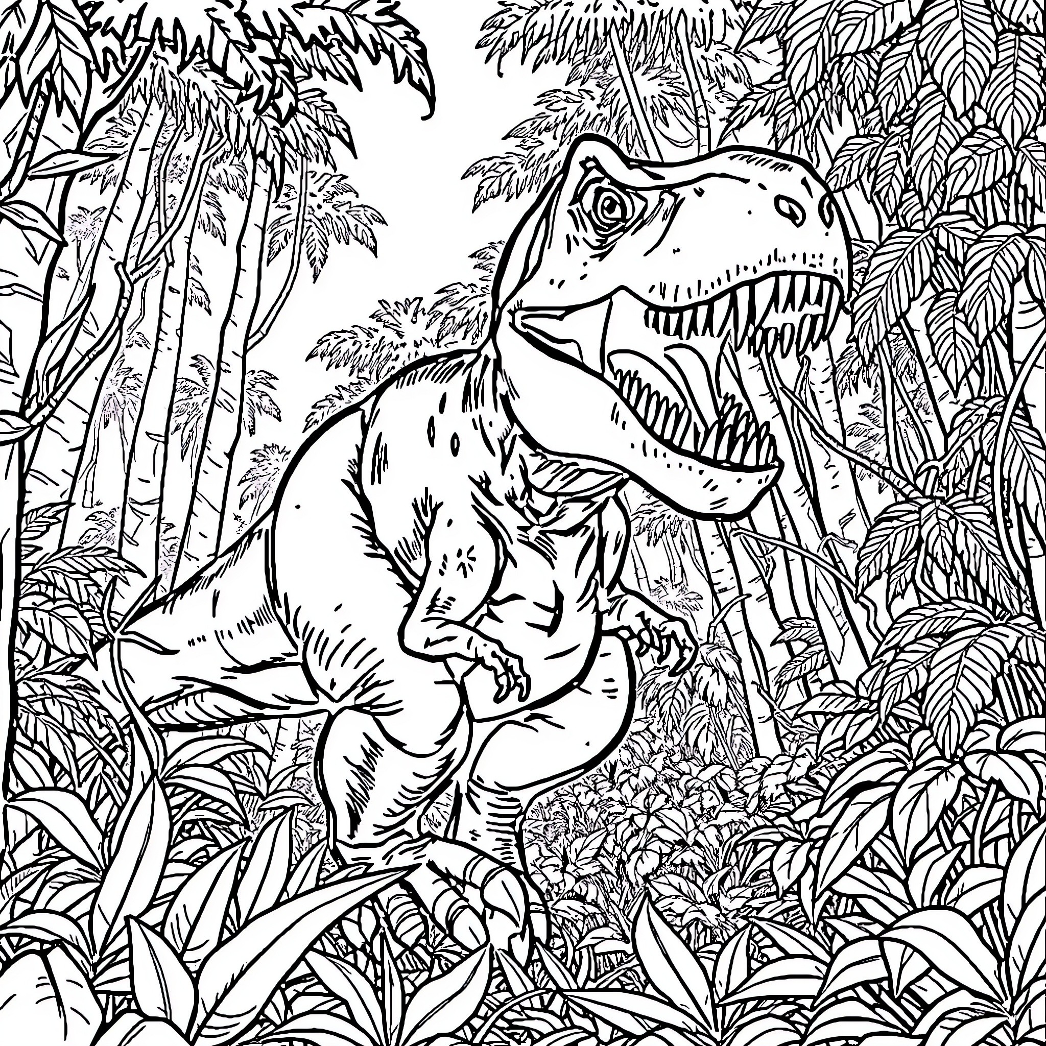 T-Rex Stalking Through the Jungle Coloring Page (free black-and-white line drawing printable PDF for all, from beginners to advanced learners, including children, teens, adults, and seniors)
