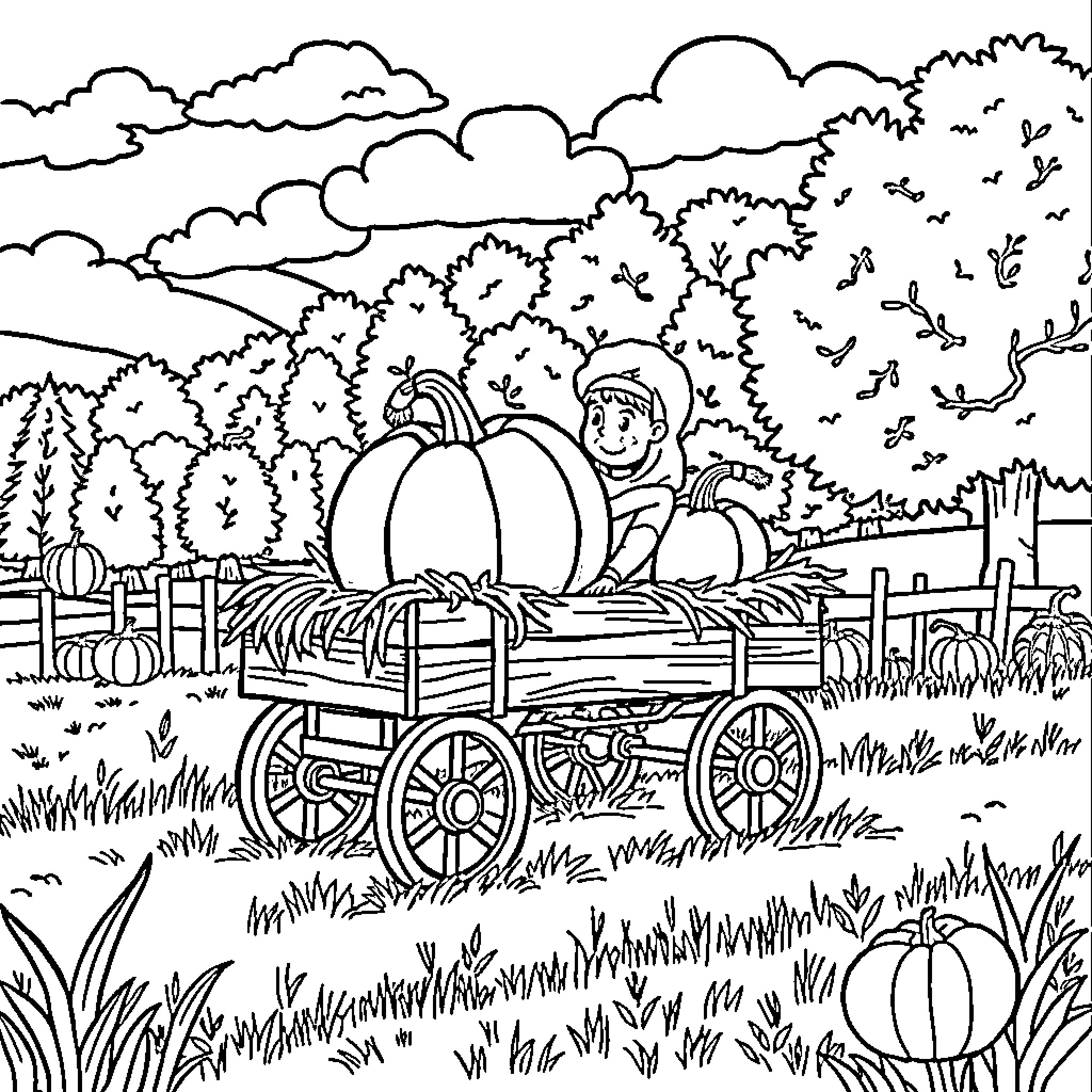 Pumpkin Harvest in the Countryside Coloring Page (free black-and-white line drawing printable PDF for all, from beginners to advanced learners, including children, teens, adults, and seniors)