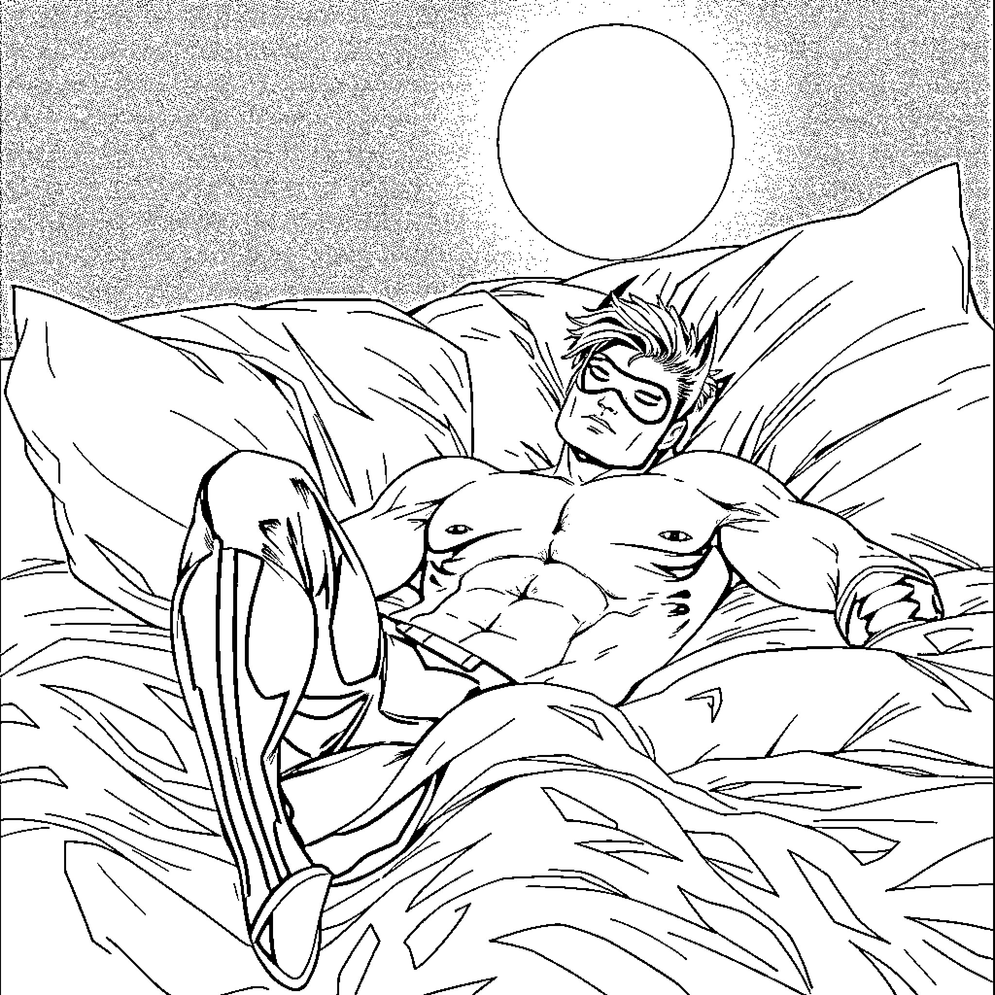 Nightwing resting in moonlit forest Coloring Page (free black-and-white line drawing printable PDF for all, from beginners to advanced learners, including children, teens, adults, and seniors)