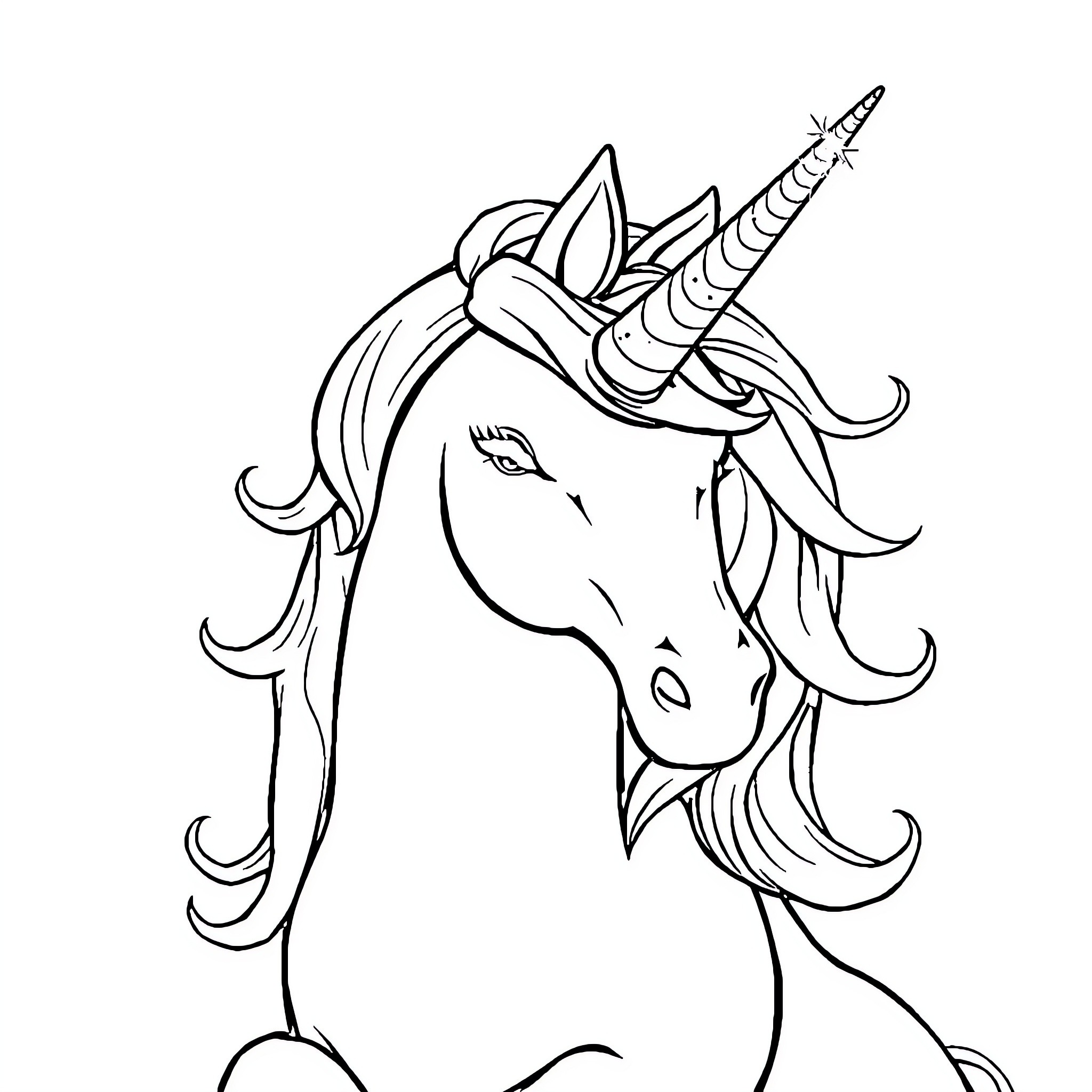 Unicorn with Magical Horn Illustration Coloring Page (free black-and-white line drawing printable PDF for all, from beginners to advanced learners, including children, teens, adults, and seniors)