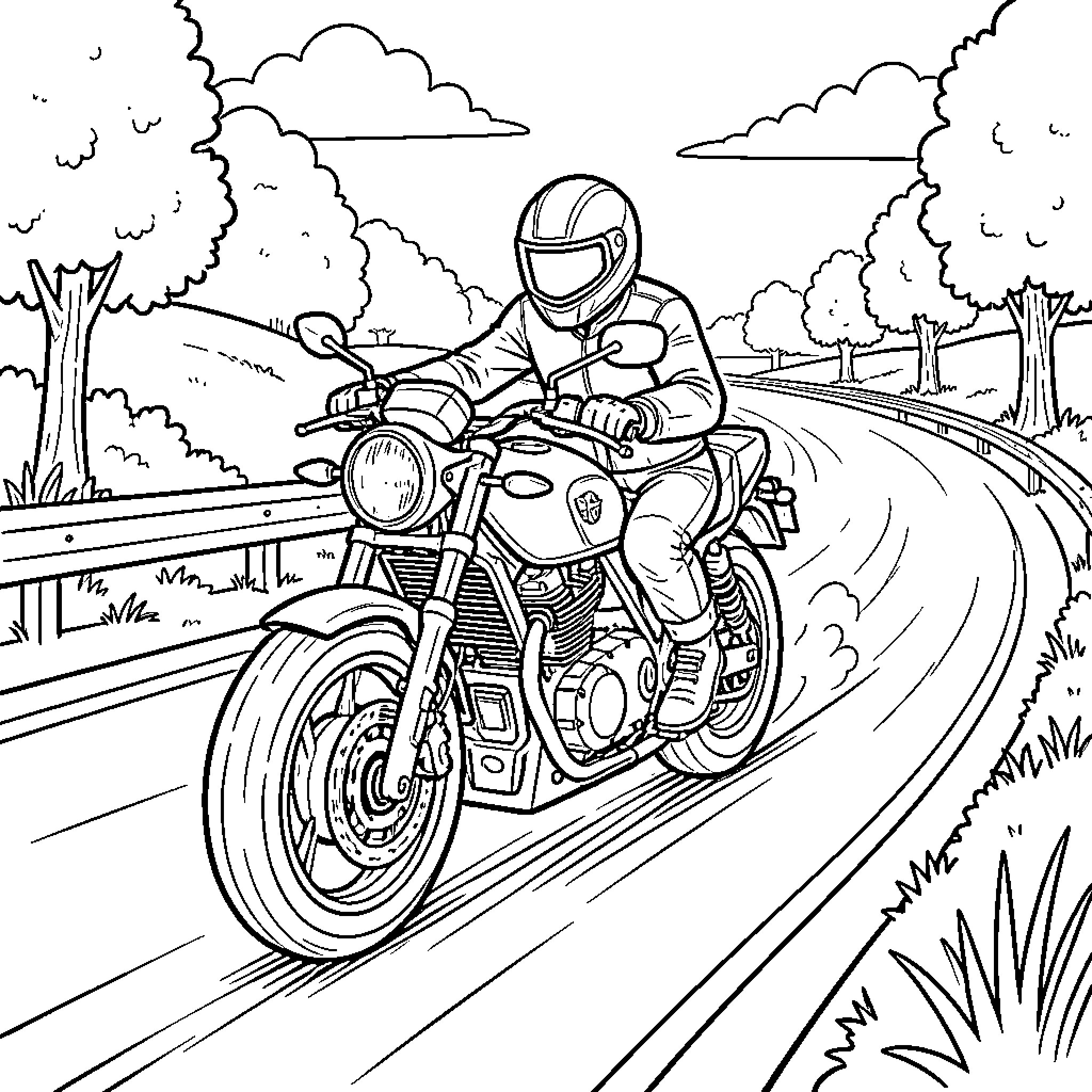 Motorcycle rider speeding through scenic landscape Coloring Page (free black-and-white line drawing printable PDF for all, from beginners to advanced learners, including children, teens, adults, and seniors)
