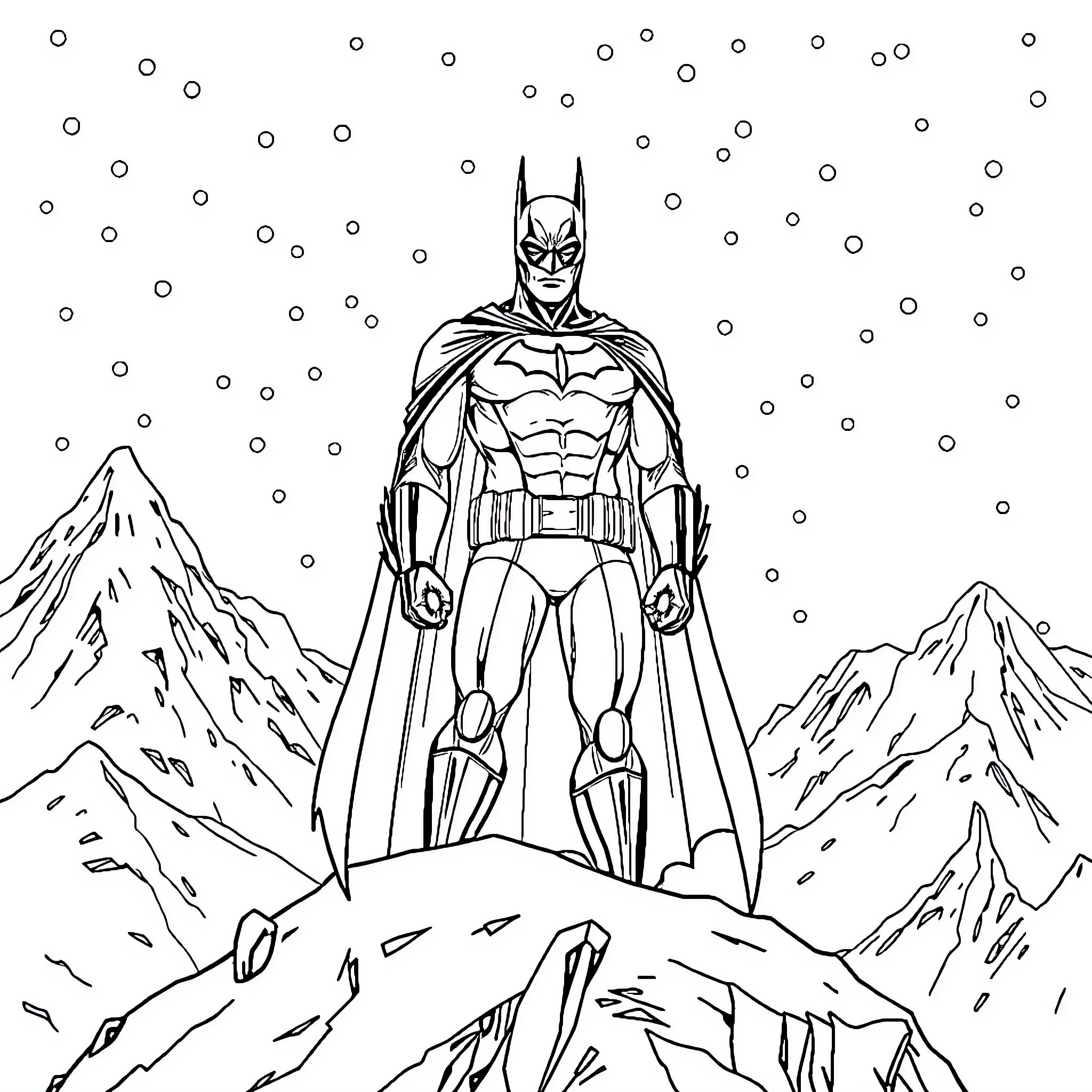 Batman in Heroic Pose Against Snowy Landscape Coloring Page (free black-and-white line drawing printable PDF for all, from beginners to advanced learners, including children, teens, adults, and seniors)
