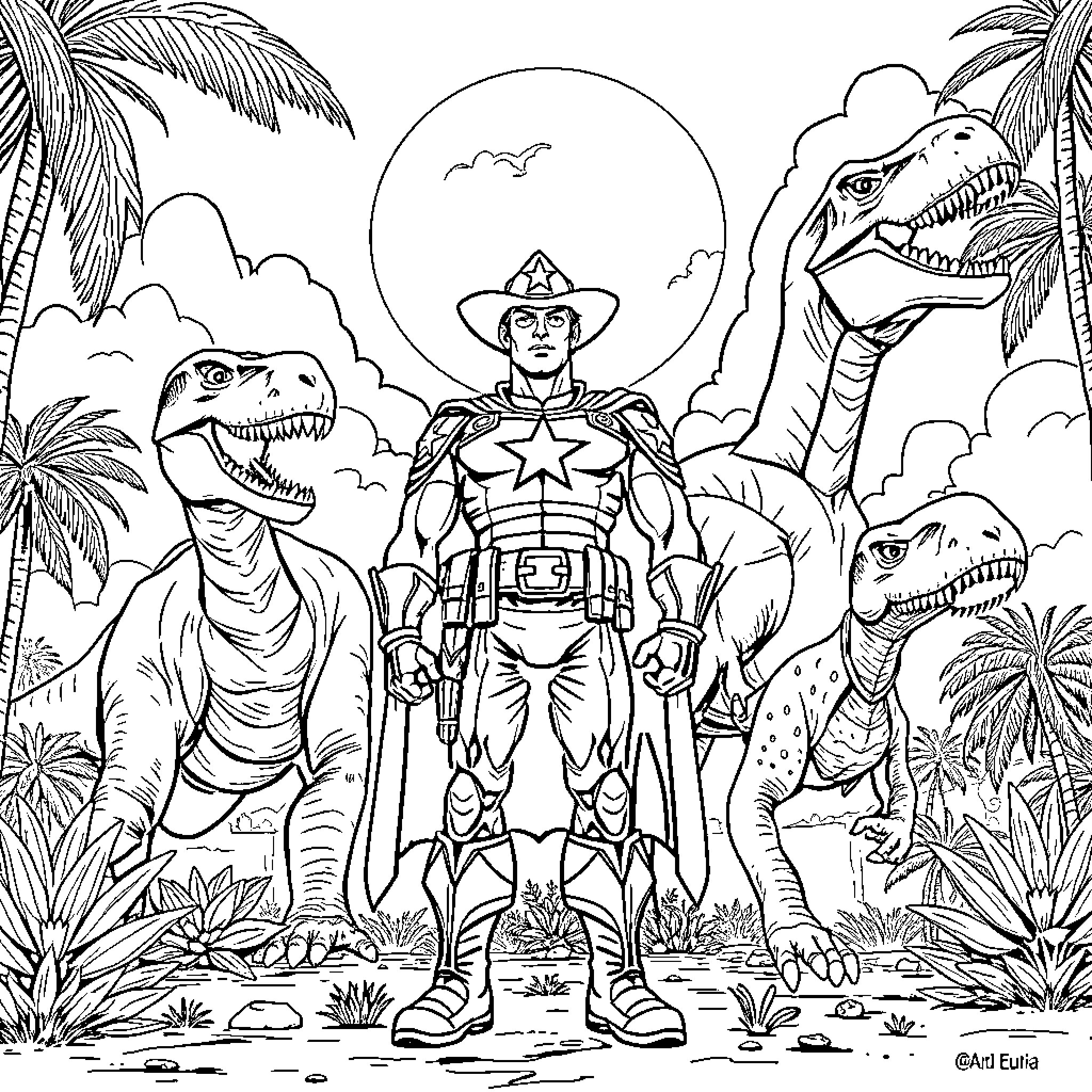 Captain America tackles dinosaurs in the jungle Coloring Page (free black-and-white line drawing printable PDF for all, from beginners to advanced learners, including children, teens, adults, and seniors)