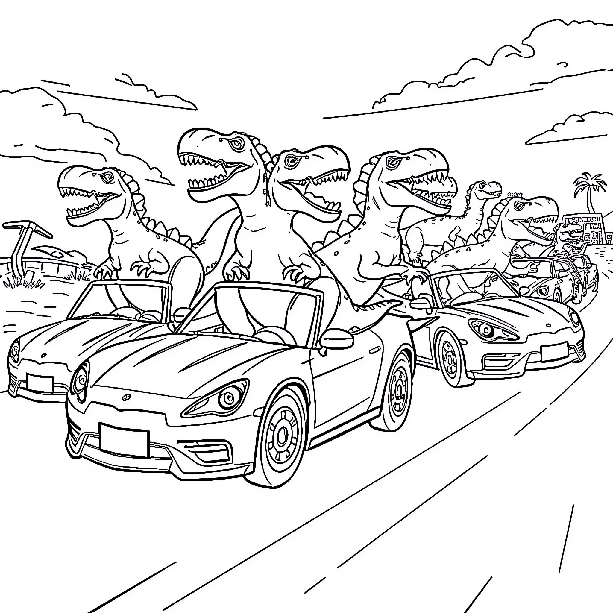 Dinosaurs chasing cars in the city Coloring Page (free black-and-white line drawing printable PDF for all, from beginners to advanced learners, including children, teens, adults, and seniors)