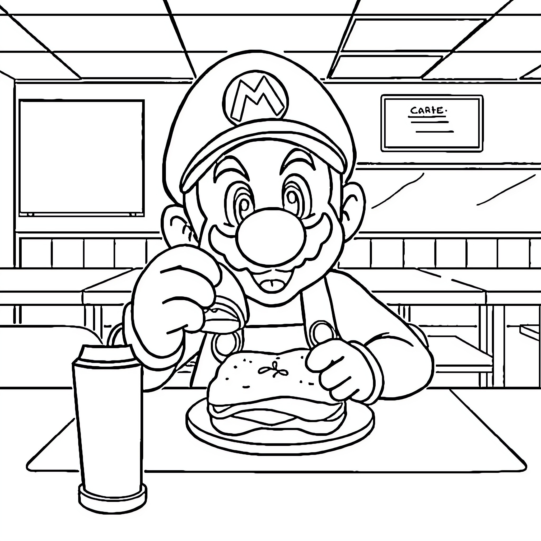 Mario enjoying a delicious burger in a retro diner Coloring Page (free black-and-white line drawing printable PDF for all, from beginners to advanced learners, including children, teens, adults, and seniors)