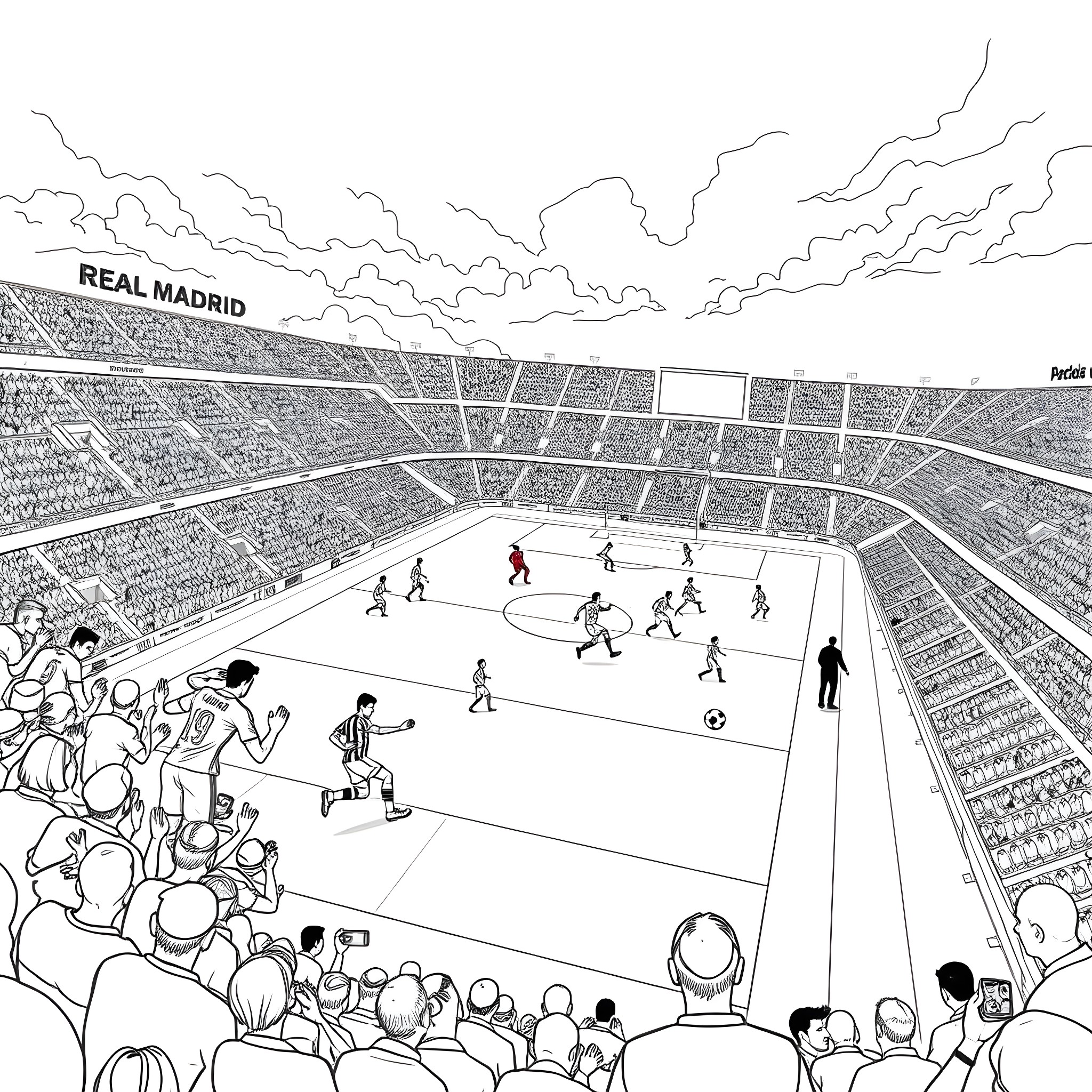Soccer players in action on a crowded stadium field Coloring Page (free black-and-white line drawing printable PDF for all, from beginners to advanced learners, including children, teens, adults, and seniors)