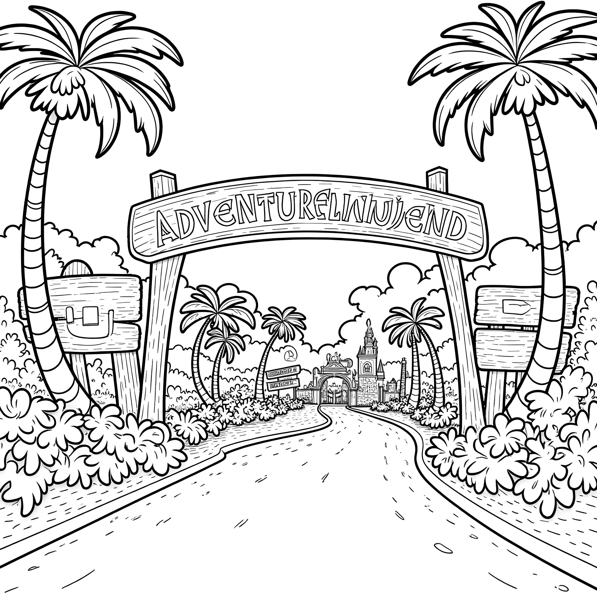 Adventureland with palm trees, buildings, and a winding path Coloring Page (free black-and-white line drawing printable PDF for all, from beginners to advanced learners, including children, teens, adults, and seniors)