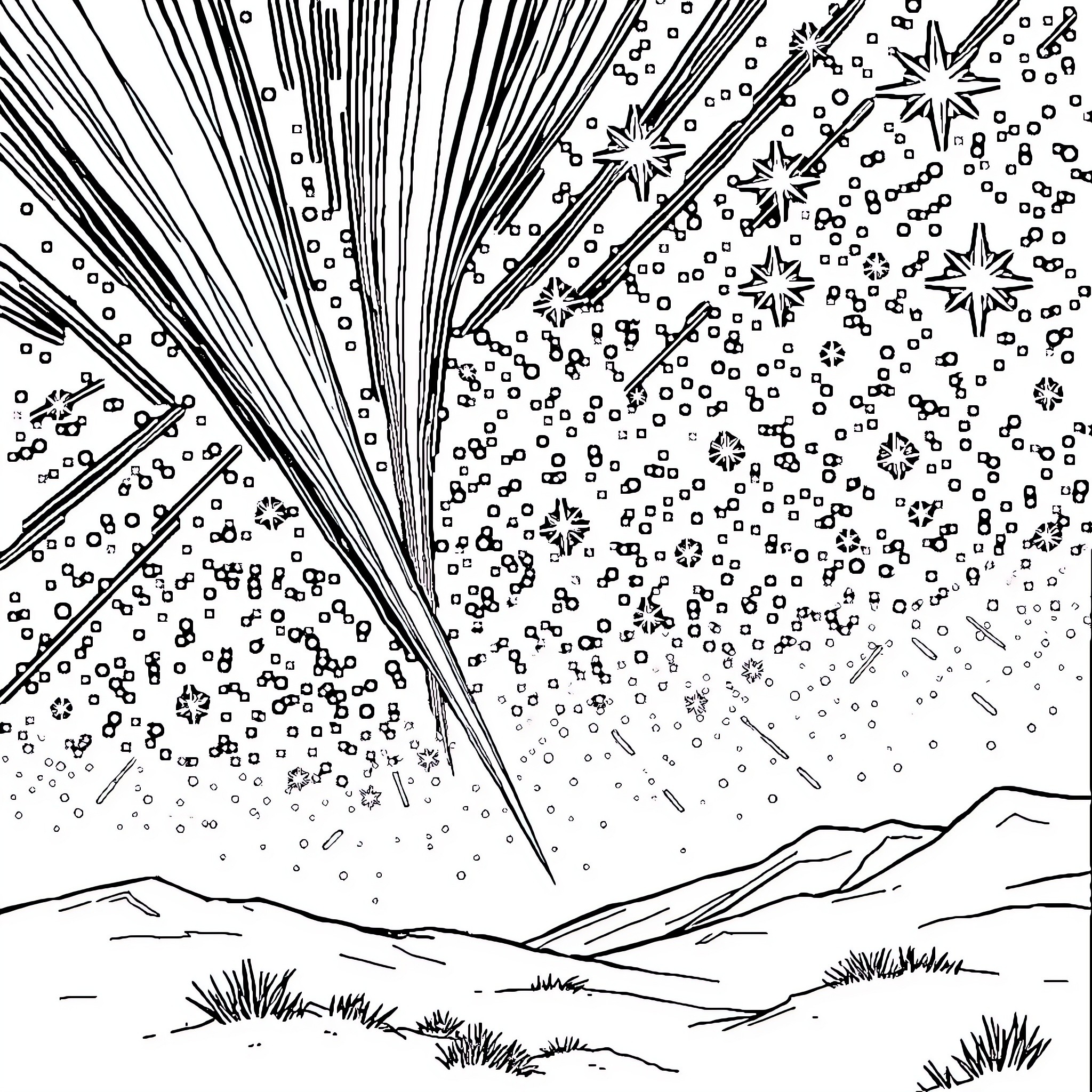 Meteor Shower over Mountainous Landscape Coloring Page (free black-and-white line drawing printable PDF for all, from beginners to advanced learners, including children, teens, adults, and seniors)