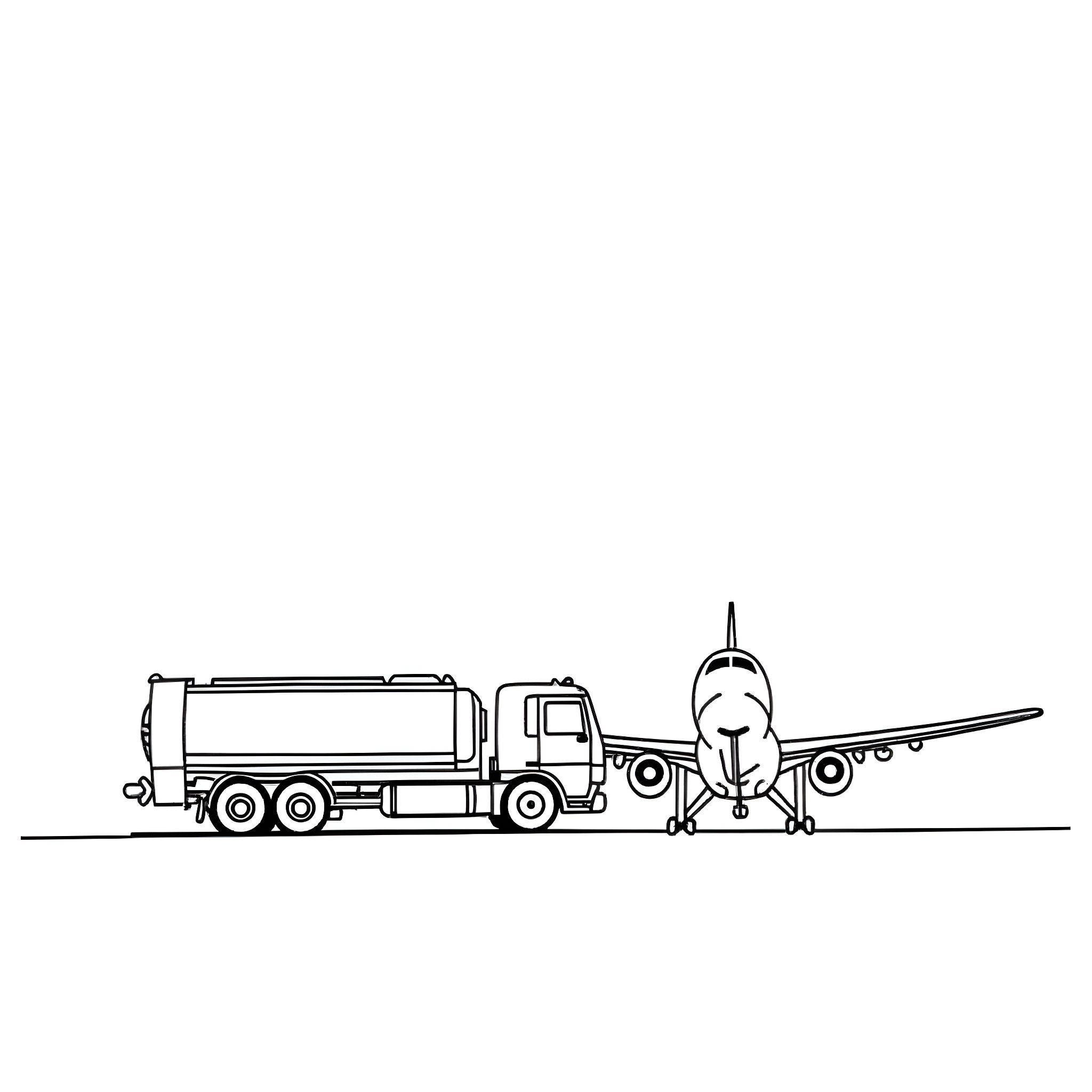 Fuel Truck Refueling Parked Airplane on the Runway Coloring Page (free black-and-white line drawing printable PDF for all, from beginners to advanced learners, including children, teens, adults, and seniors)