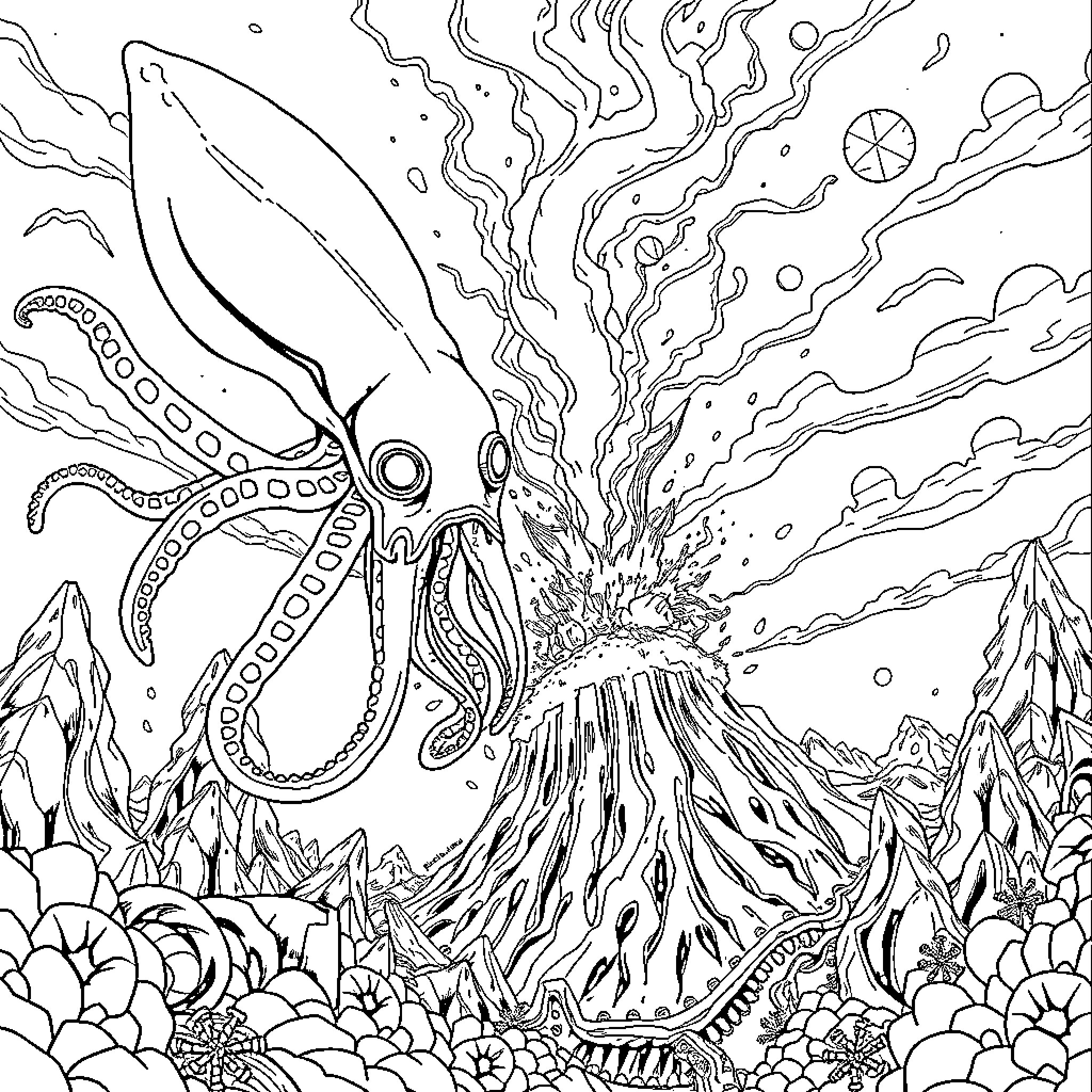 Squid emerging from volcanic eruption in underwater landscape Coloring Page (free black-and-white line drawing printable PDF for all, from beginners to advanced learners, including children, teens, adults, and seniors)