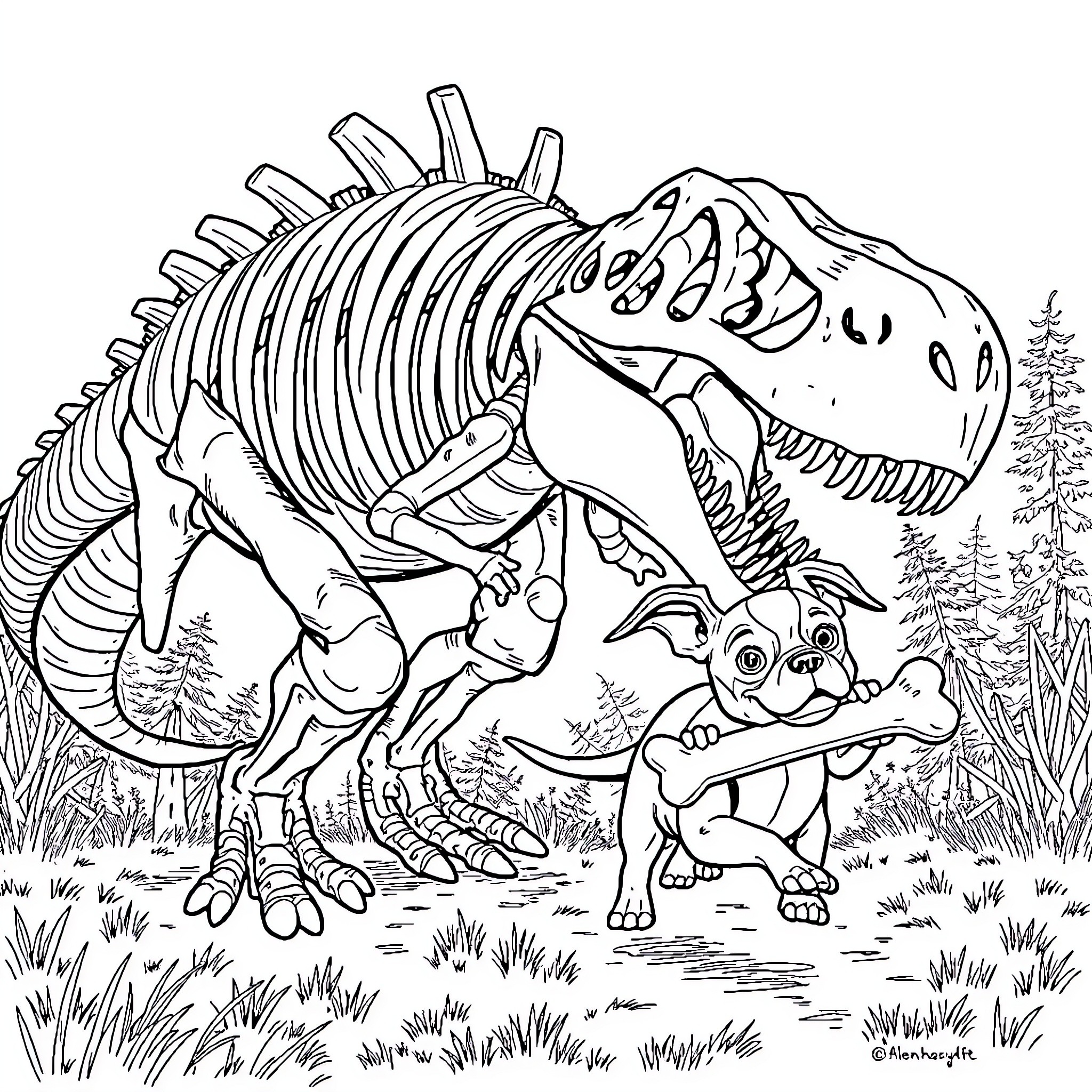 T-Rex Skeleton and Tiny Dinosaur Encounter in Nature Coloring Page (free black-and-white line drawing printable PDF for all, from beginners to advanced learners, including children, teens, adults, and seniors)