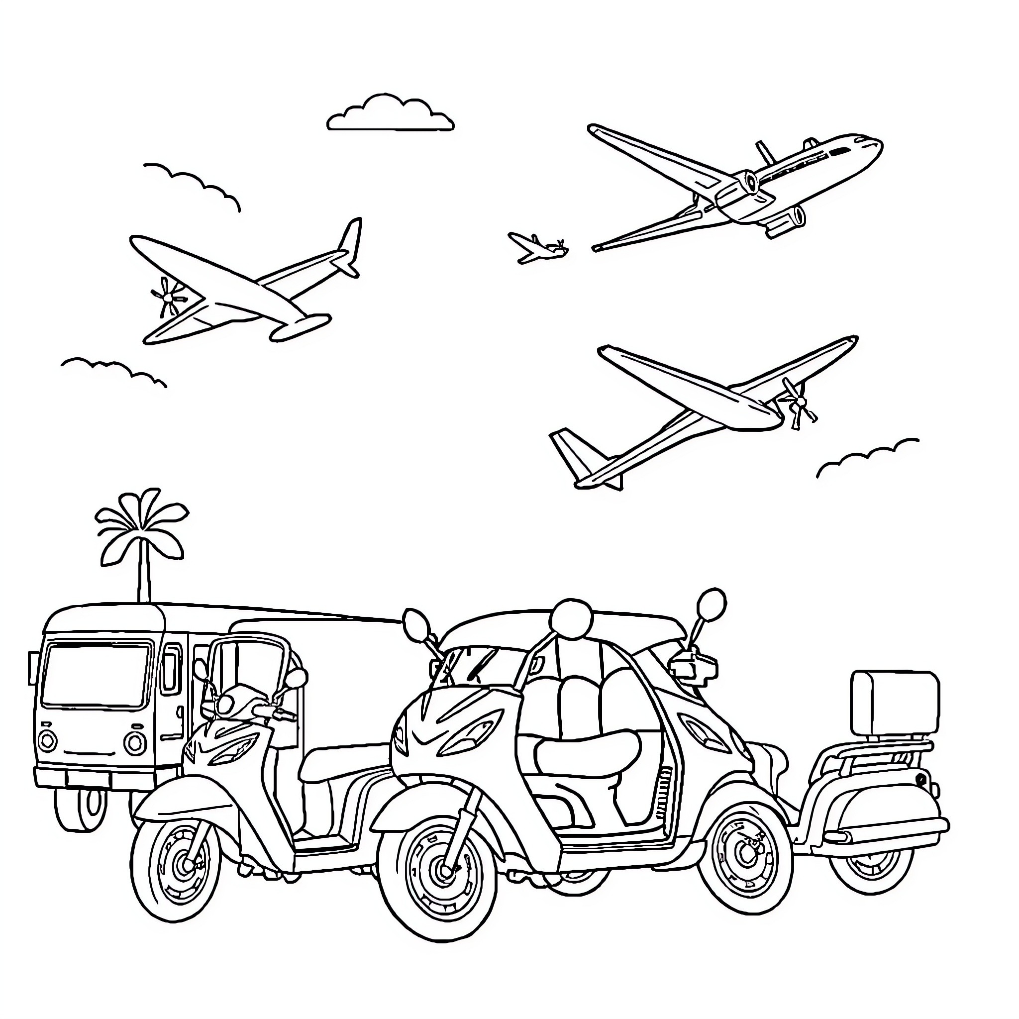 Transport of people and goods through the sky and land Coloring Page (free black-and-white line drawing printable PDF for all, from beginners to advanced learners, including children, teens, adults, and seniors)