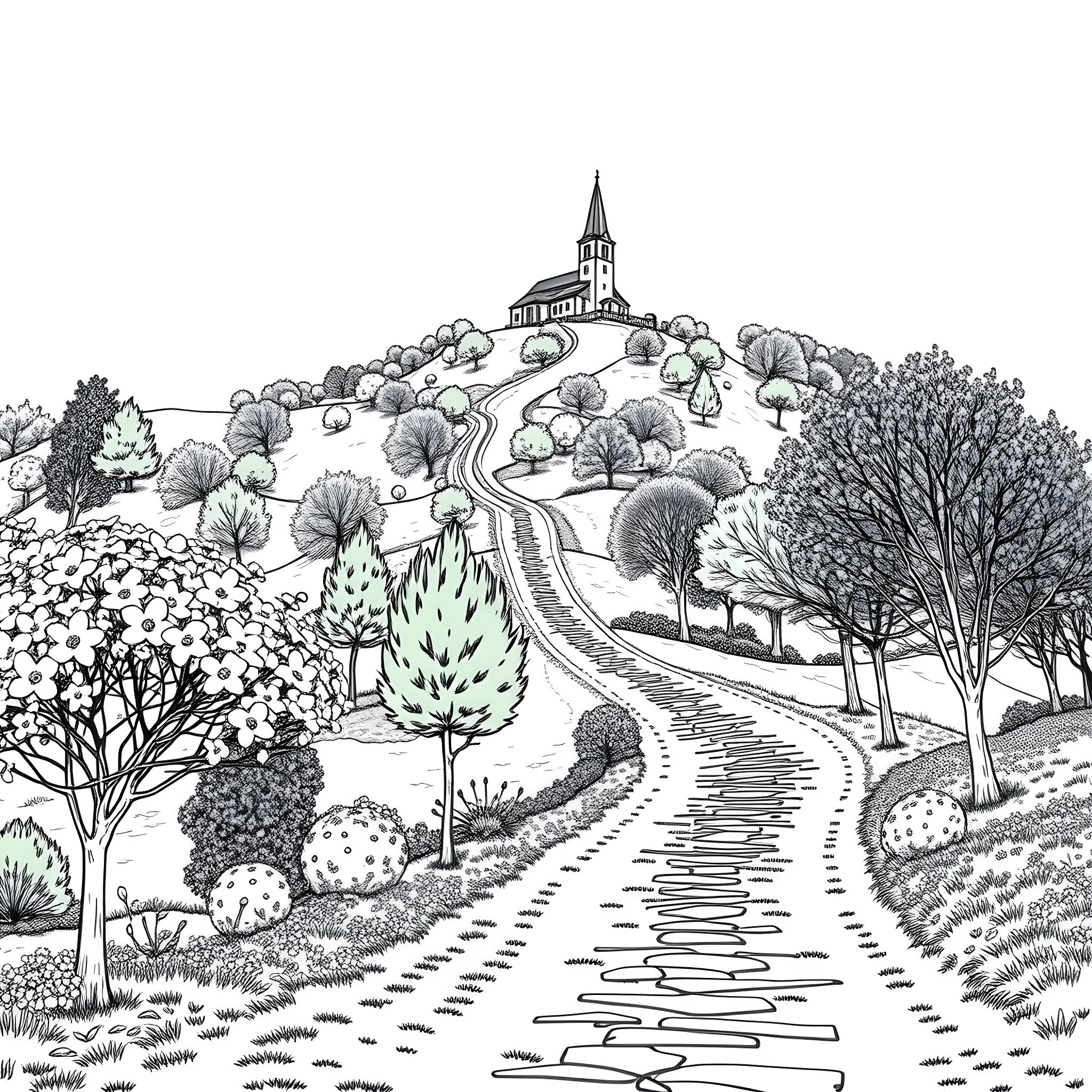 Huis with winding path through lush garden landscape Coloring Page (free black-and-white line drawing printable PDF for all, from beginners to advanced learners, including children, teens, adults, and seniors)
