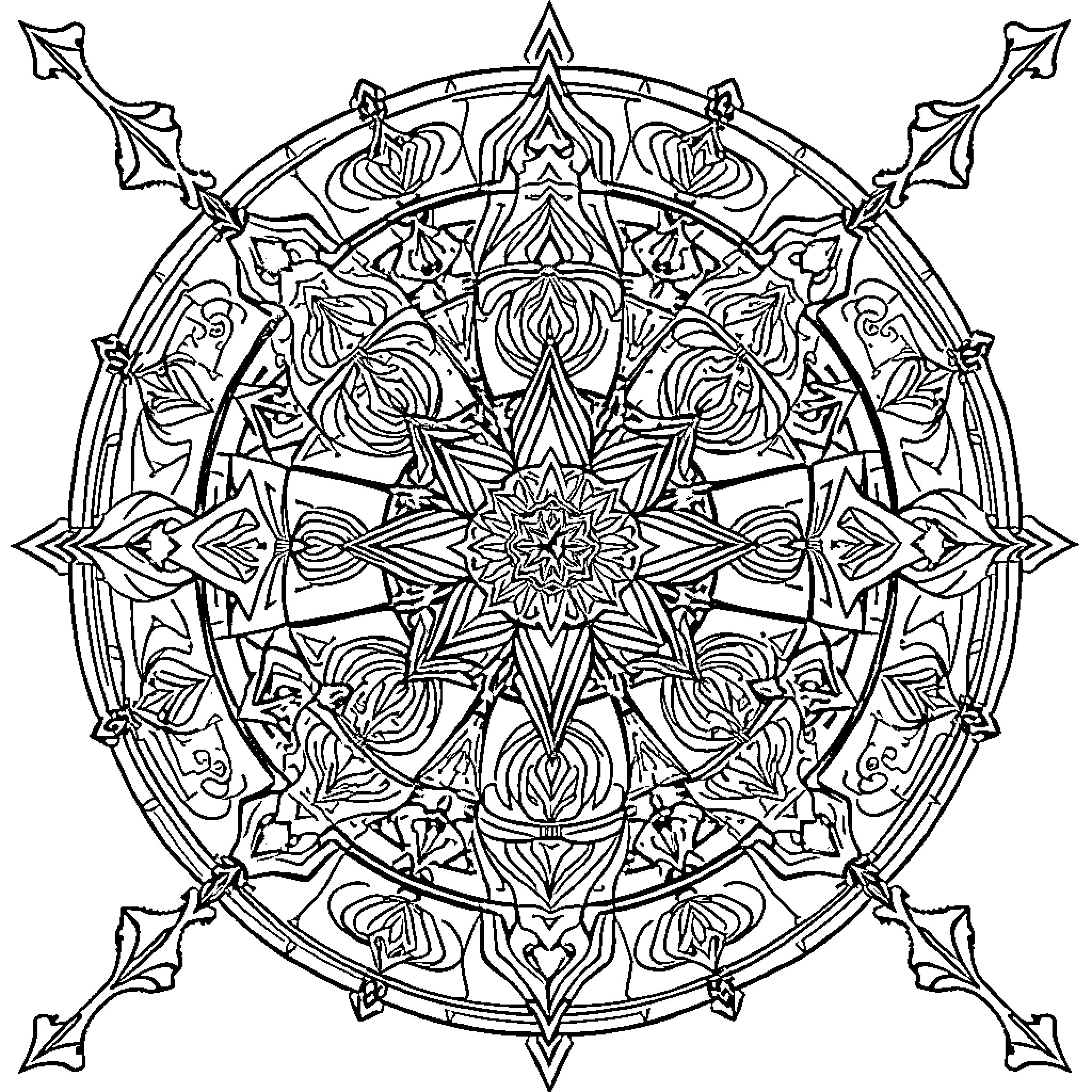 Sacred Geometry Mandala with Intricate Patterns Coloring Page (free black-and-white line drawing printable PDF for all, from beginners to advanced learners, including children, teens, adults, and seniors)