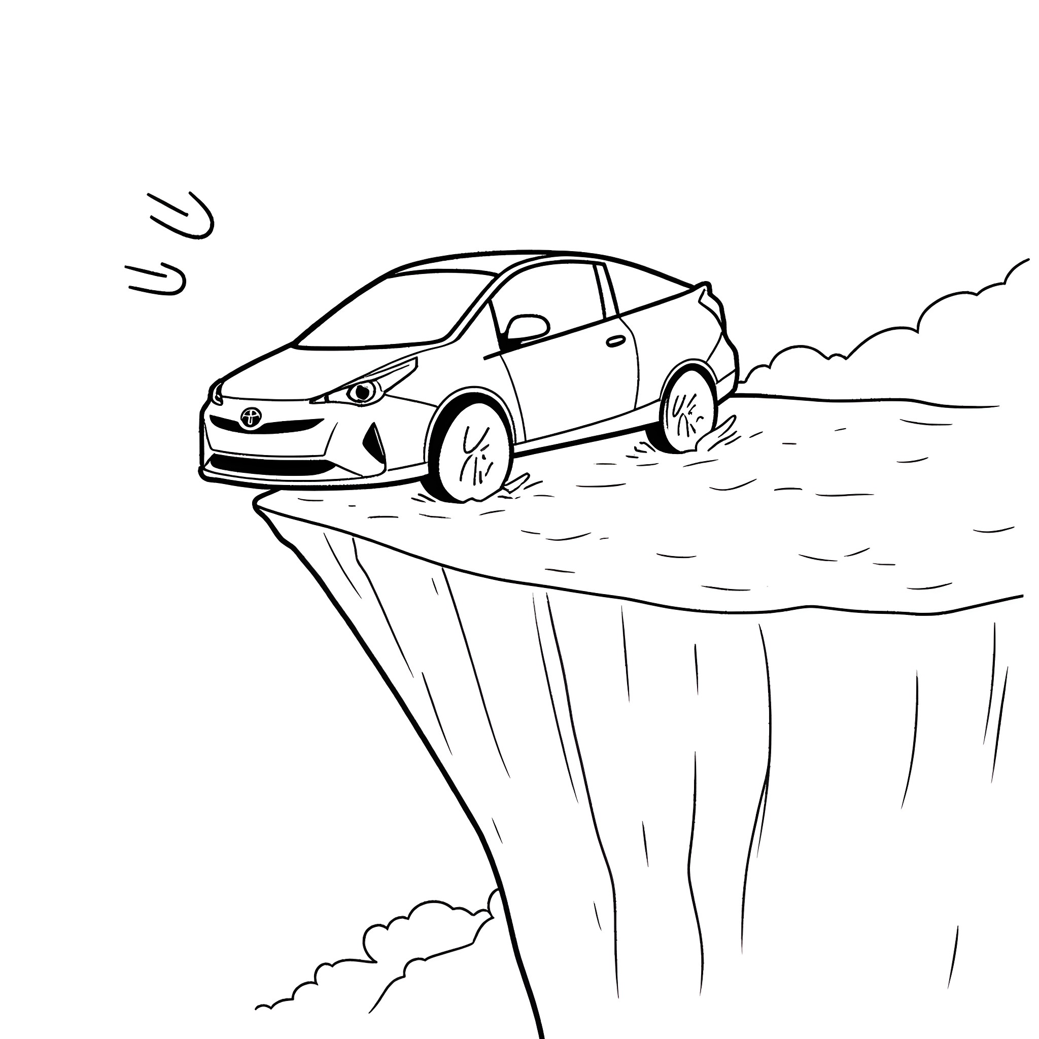 Prius on the edge of a cliff Coloring Page (free black-and-white line drawing printable PDF for all, from beginners to advanced learners, including children, teens, adults, and seniors)