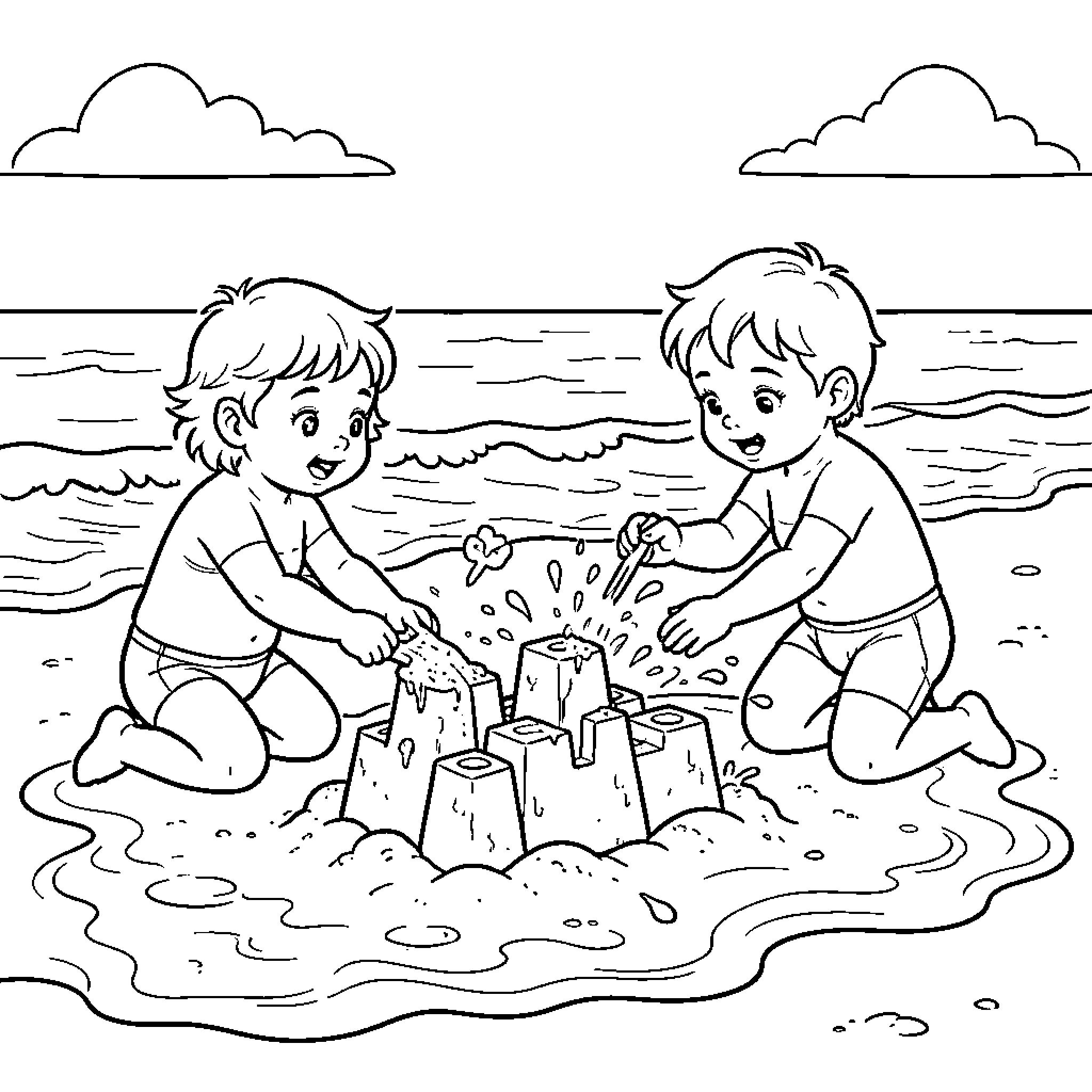 Toddlers building sandcastles together on the beach Coloring Page (free black-and-white line drawing printable PDF for all, from beginners to advanced learners, including children, teens, adults, and seniors)