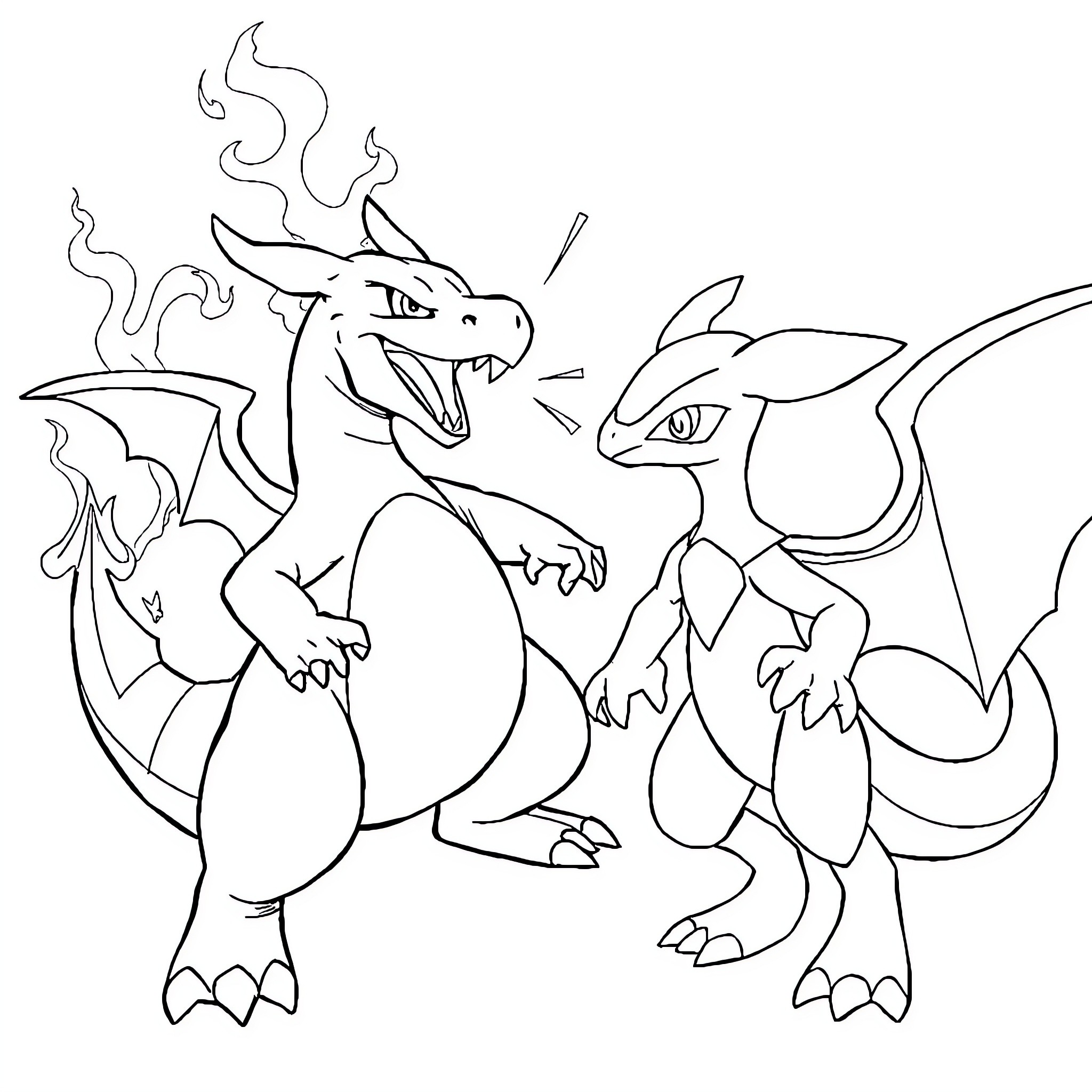 Charizard facing off against another dragon-like creature Coloring Page (free black-and-white line drawing printable PDF for all, from beginners to advanced learners, including children, teens, adults, and seniors)