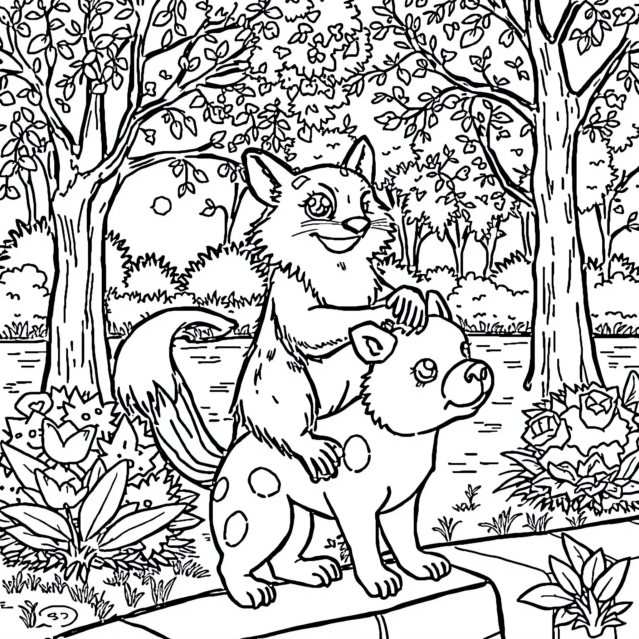 Dog and Puppy Playing in the Enchanted Forest Coloring Page (free black-and-white line drawing printable PDF for all, from beginners to advanced learners, including children, teens, adults, and seniors)