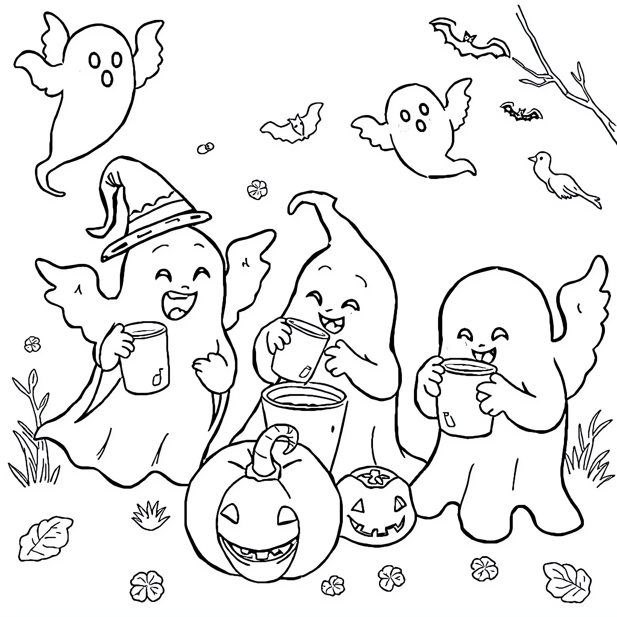 Ghost characters enjoying Halloween festivities Coloring Page (free black-and-white line drawing printable PDF for all, from beginners to advanced learners, including children, teens, adults, and seniors)